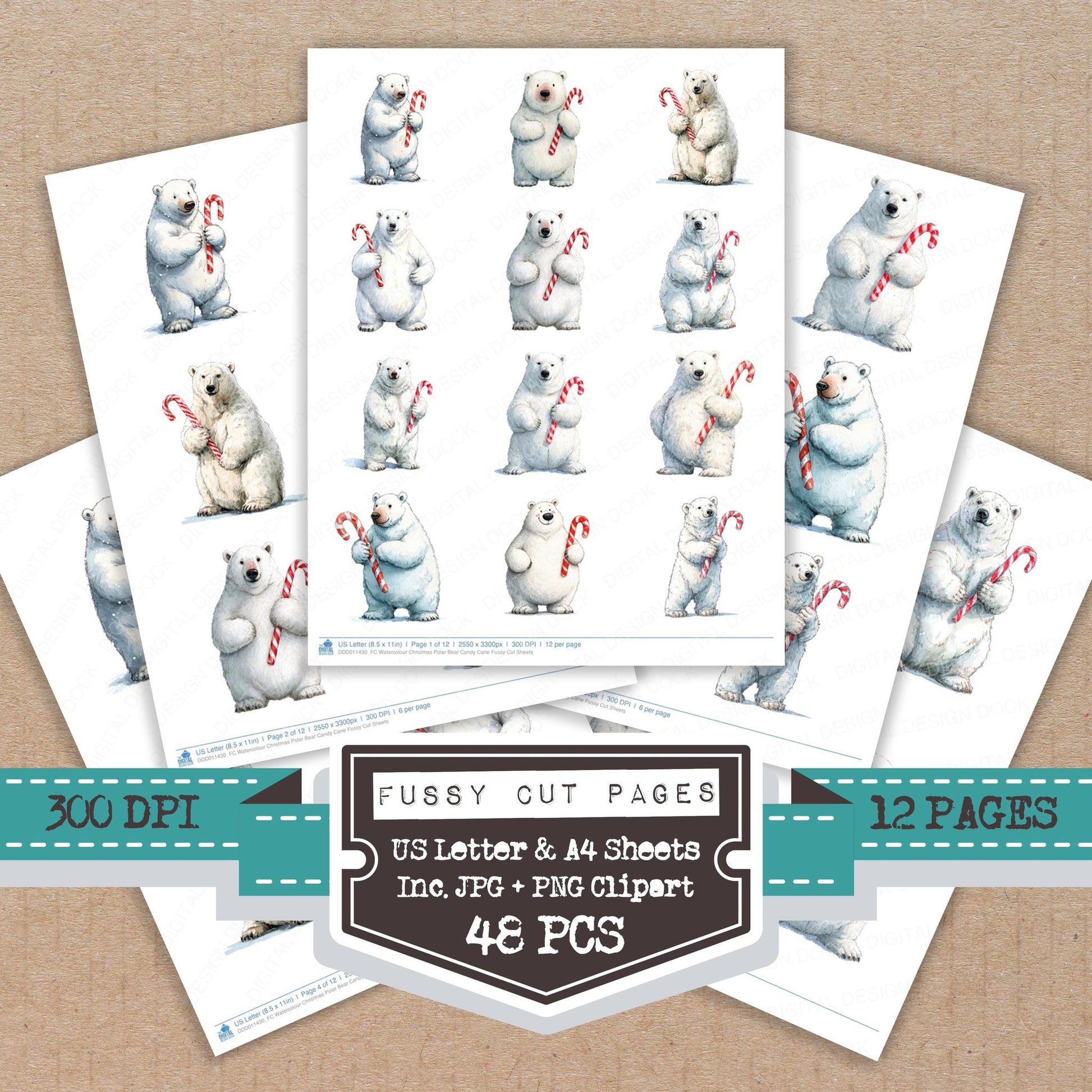 Watercolour Christmas Polar Bear Candy Cane fussy cut printable sheets for junk journaling, scrapbooking, and paper craft projects