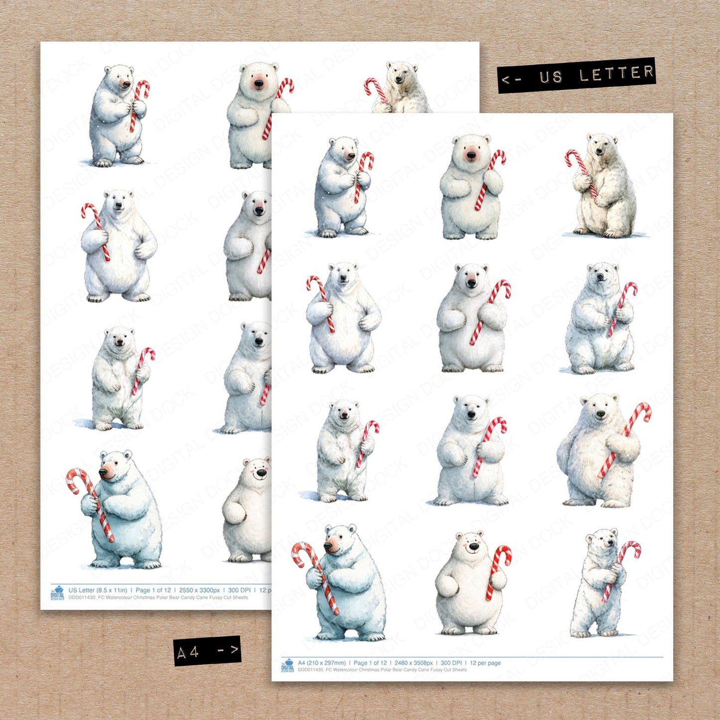 A4 and US Letter format comparison showing Watercolour Christmas Polar Bear Candy Cane fussy cut pages for print and cut crafting