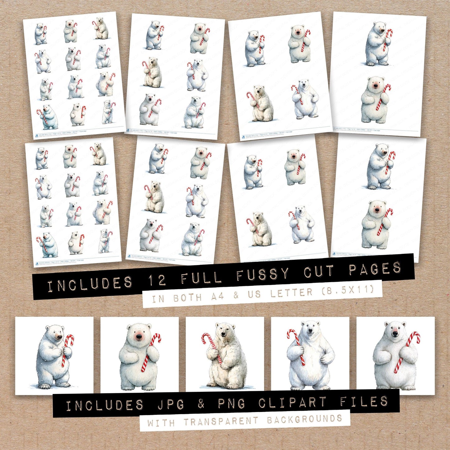 Full collection view of Watercolour Christmas Polar Bear Candy Cane fussy cut sheets with bonus clipart JPG and PNG files