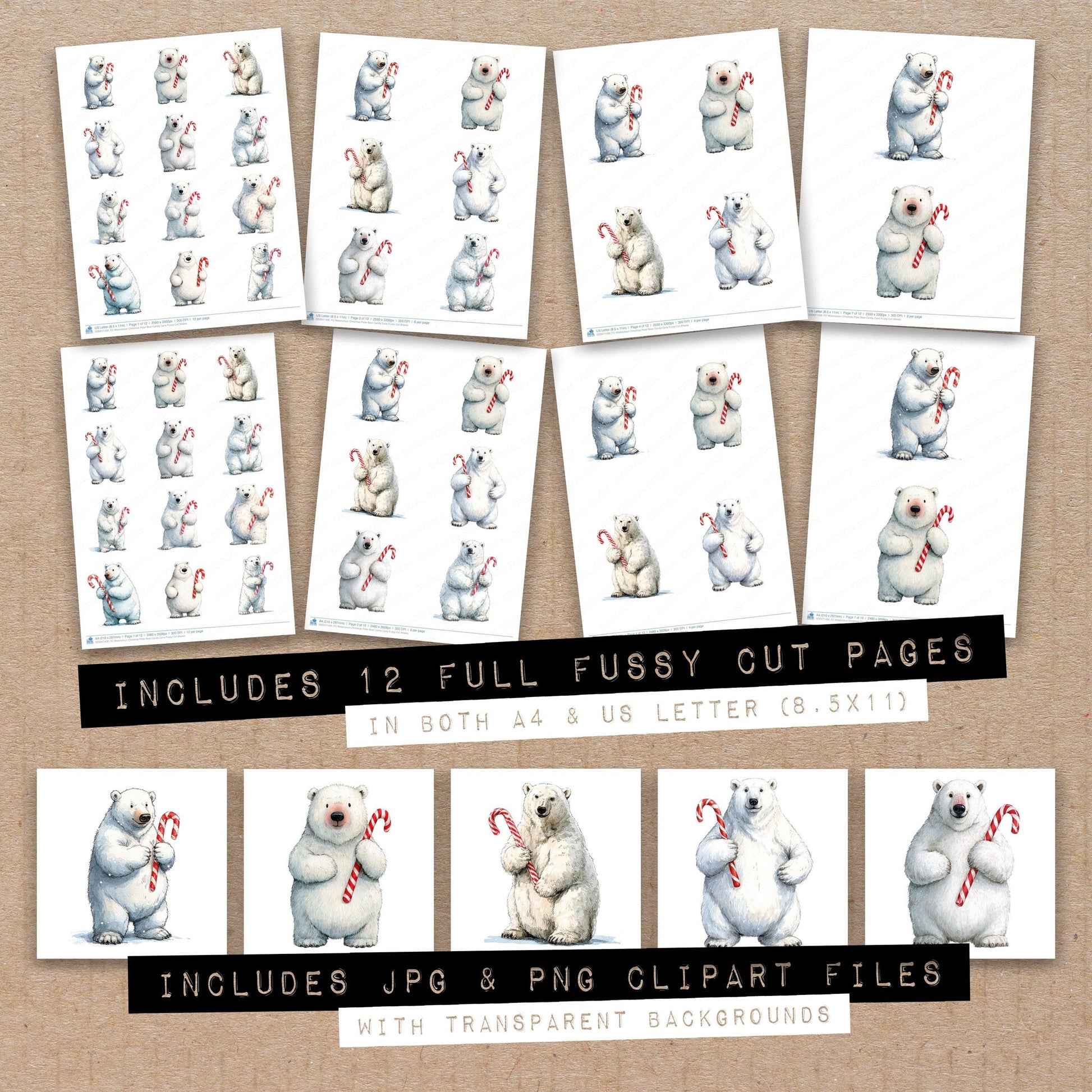 Full collection view of Watercolour Christmas Polar Bear Candy Cane fussy cut sheets with bonus clipart JPG and PNG files