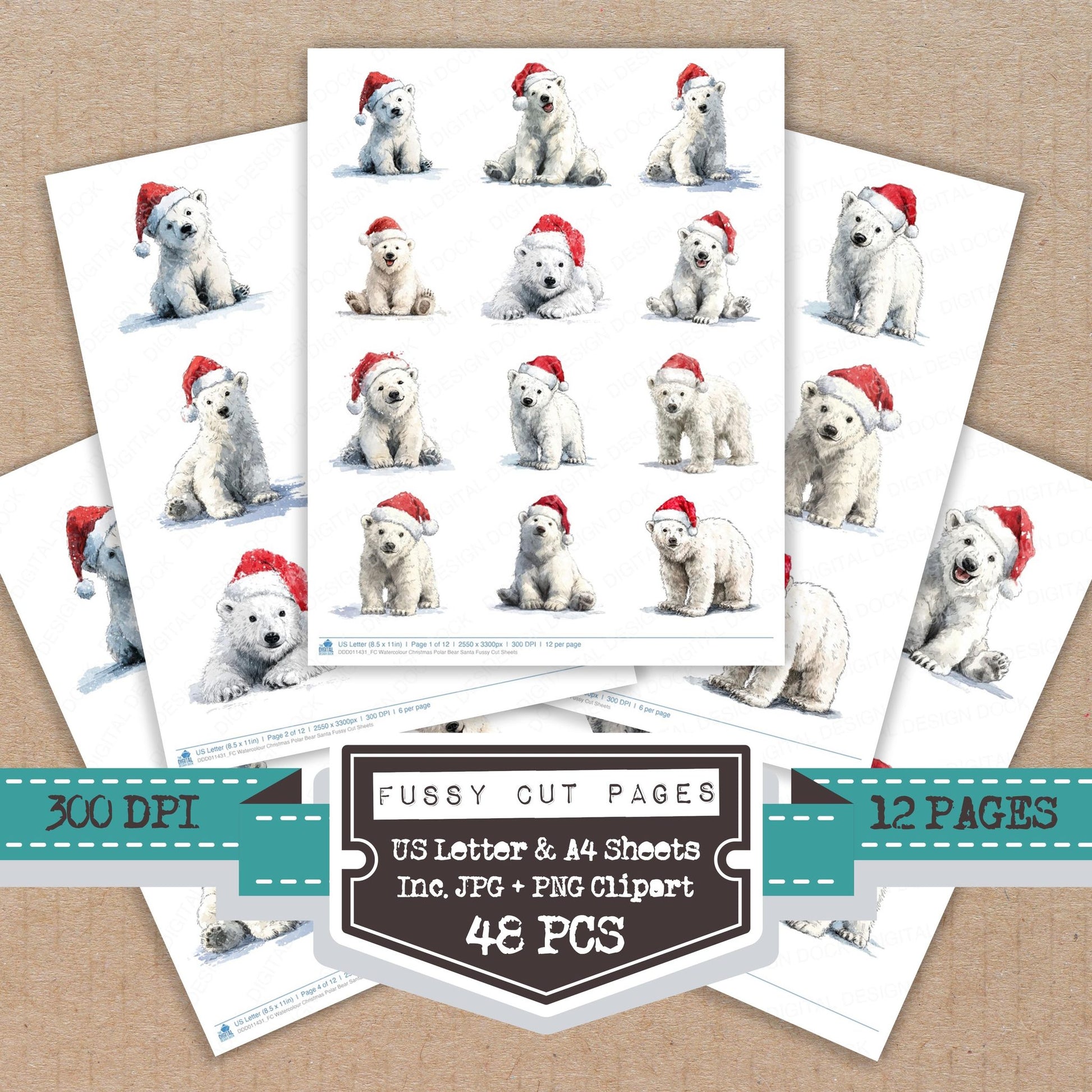 Watercolour Christmas Polar Bear Santa fussy cut printable sheets for junk journaling, scrapbooking, and paper craft projects