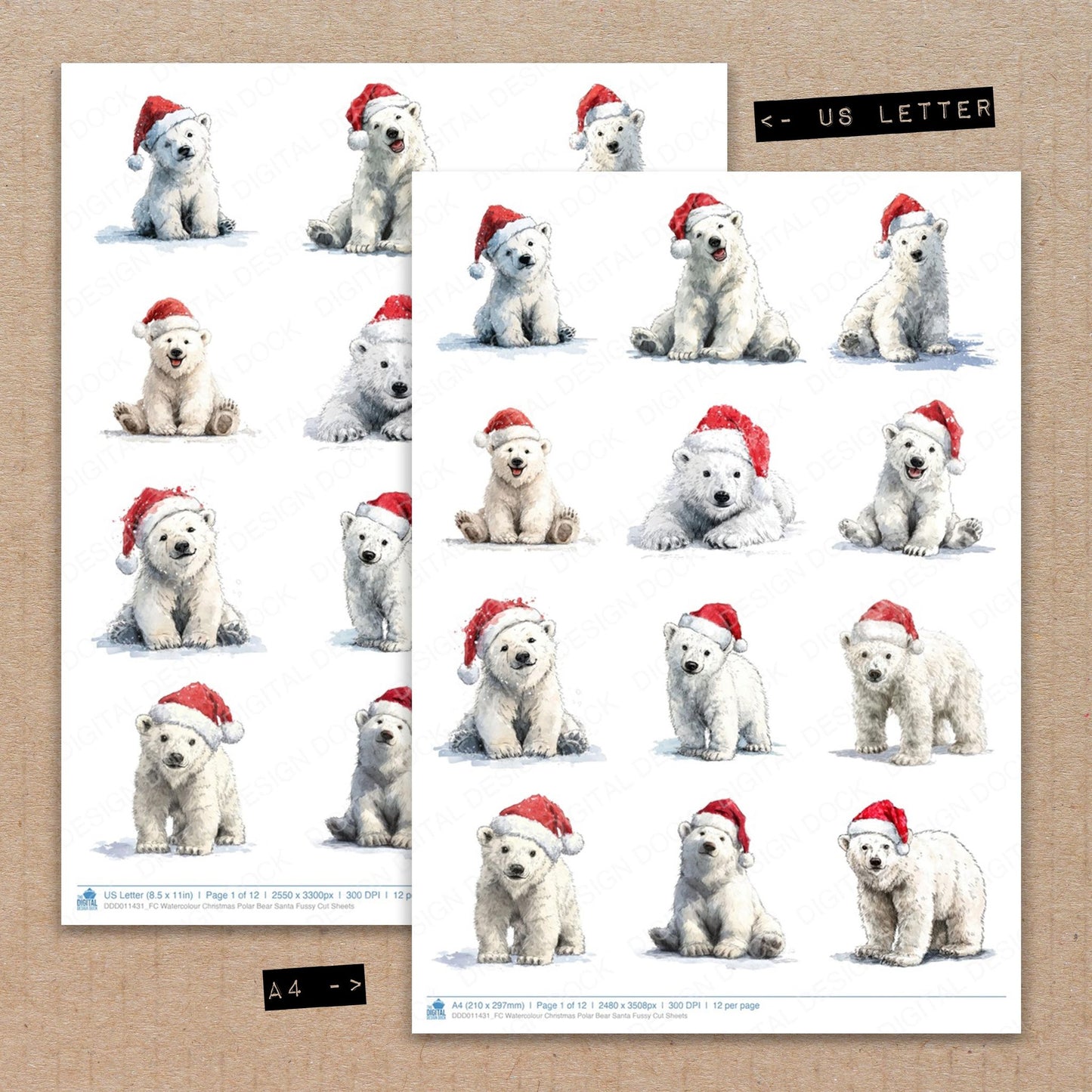A4 and US Letter format comparison showing Watercolour Christmas Polar Bear Santa fussy cut pages for print and cut crafting