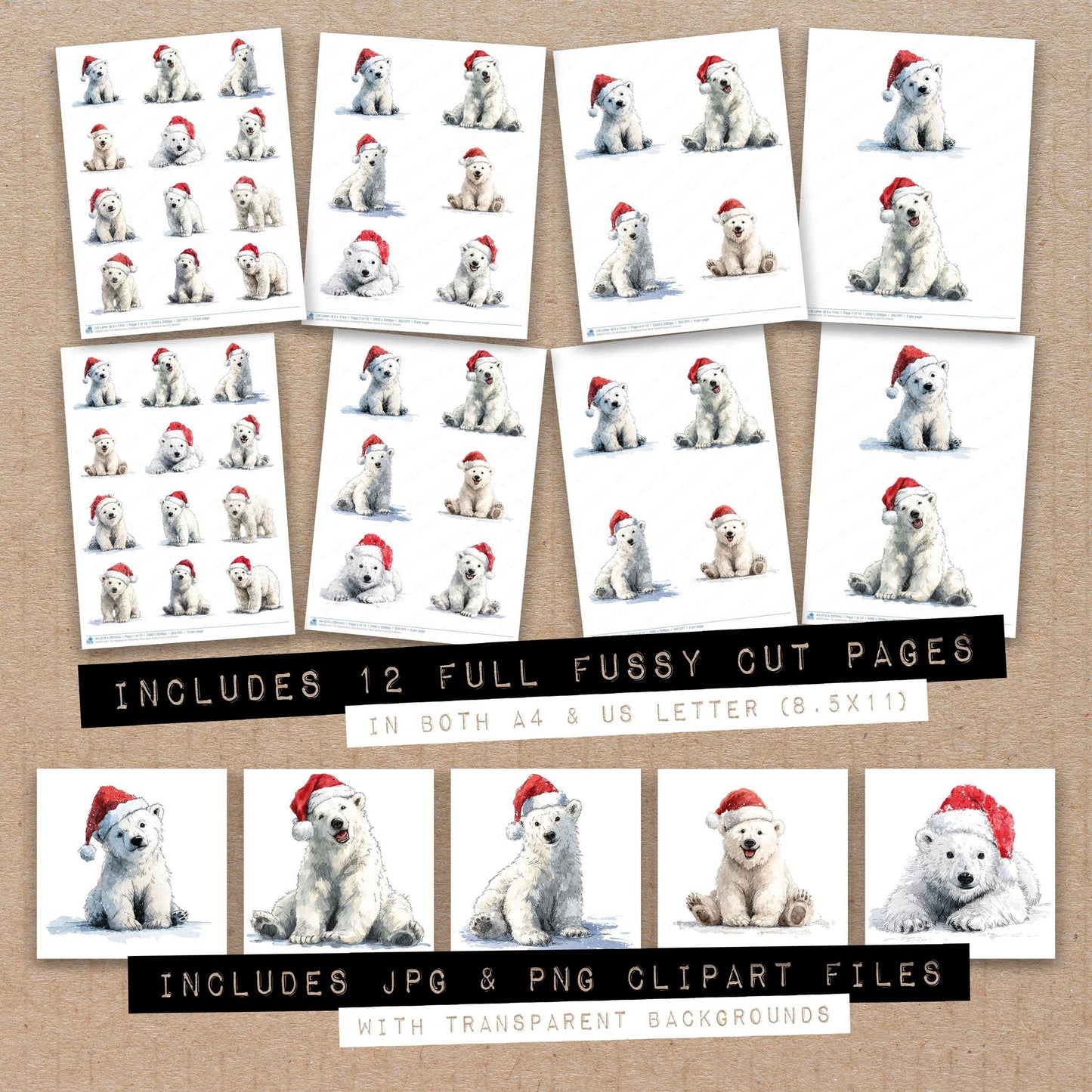 Full collection view of Watercolour Christmas Polar Bear Santa fussy cut sheets with bonus clipart JPG and PNG files