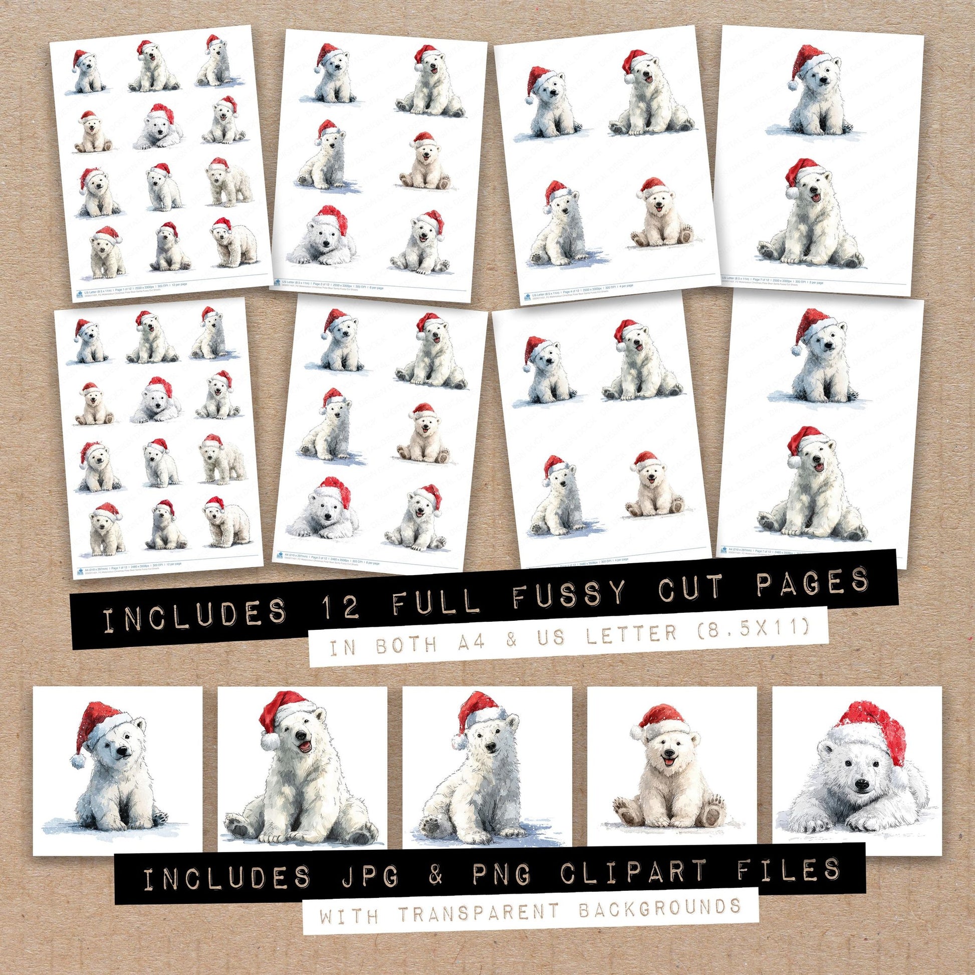 Full collection view of Watercolour Christmas Polar Bear Santa fussy cut sheets with bonus clipart JPG and PNG files