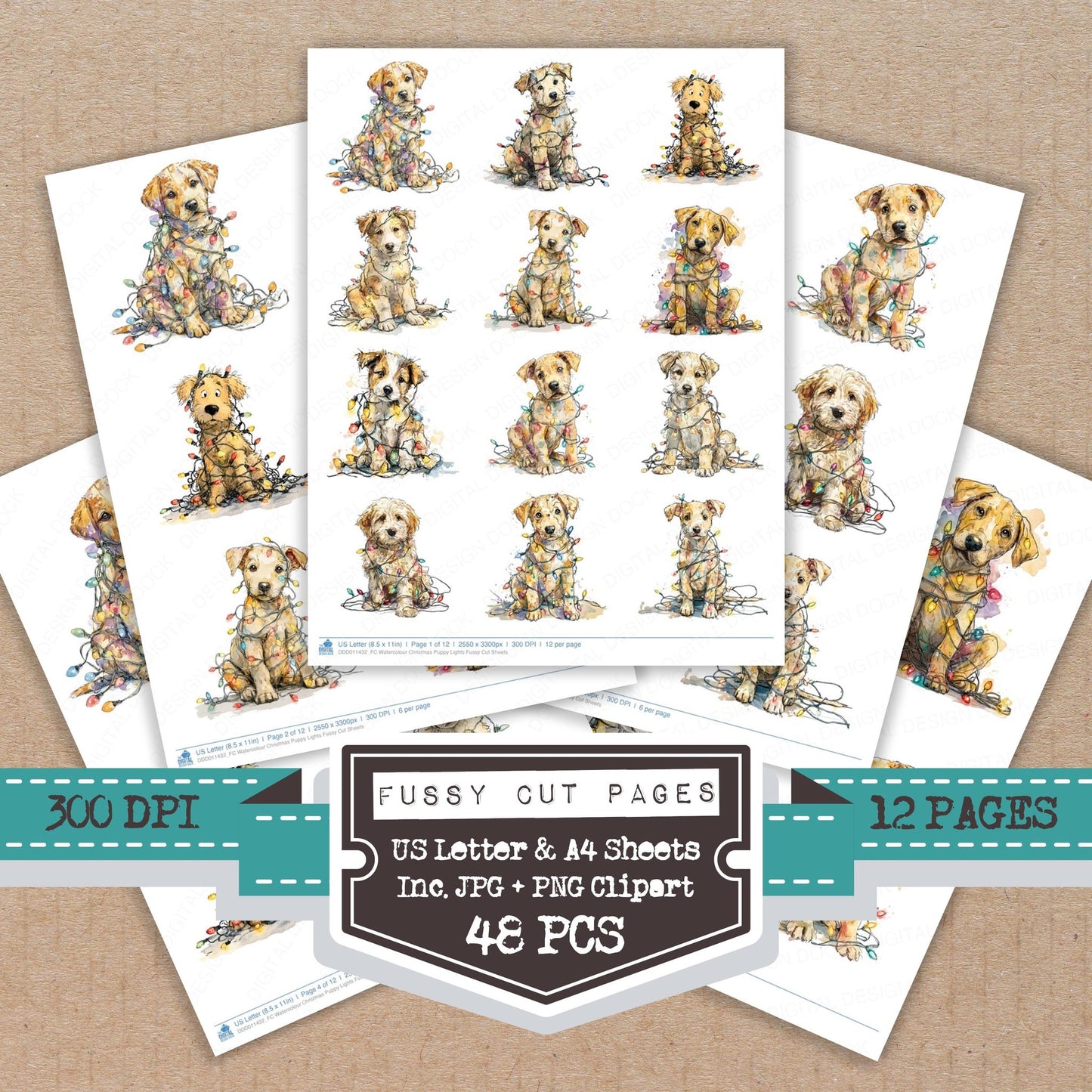 Watercolour Christmas Puppy Lights fussy cut printable sheets for junk journaling, scrapbooking, and paper craft projects
