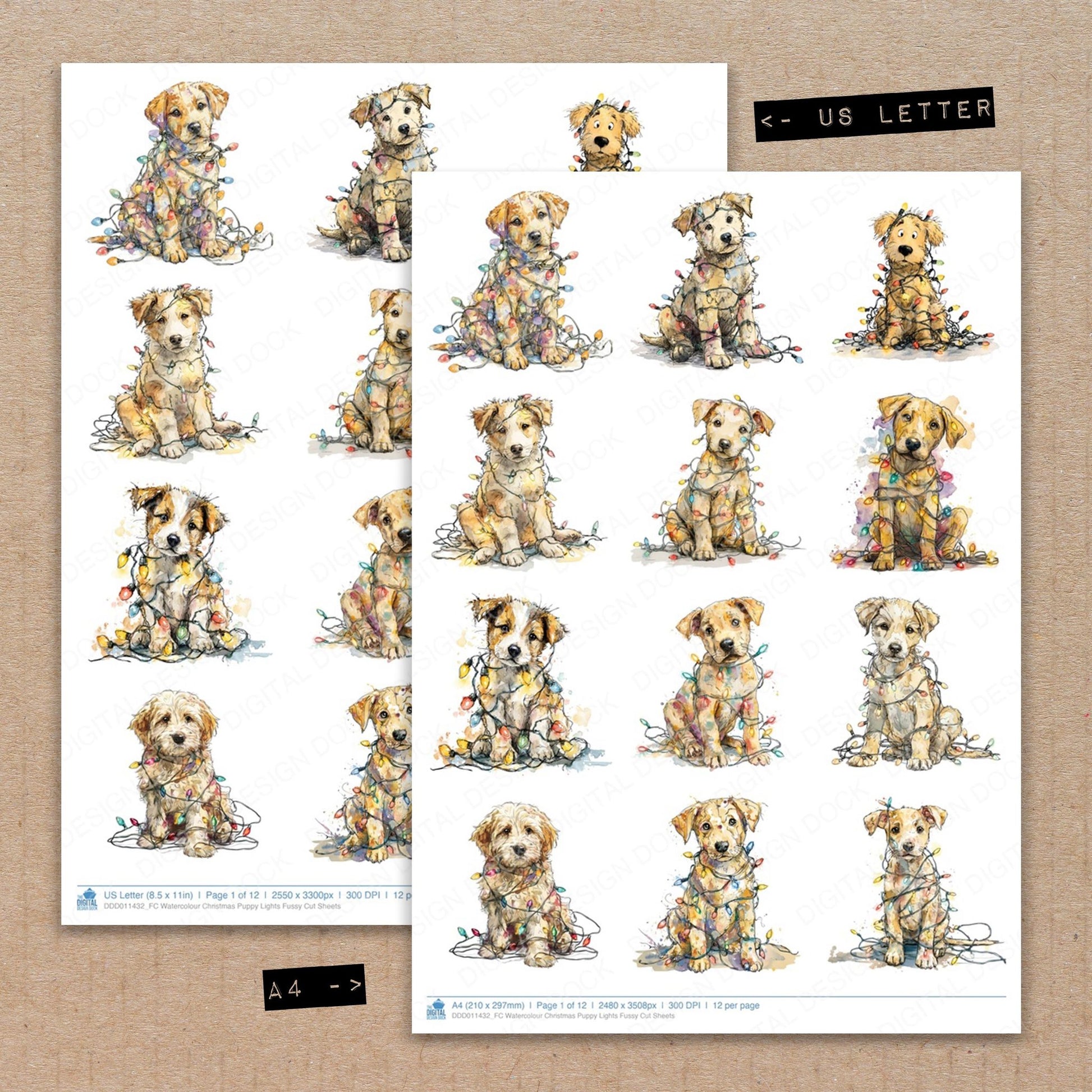 A4 and US Letter format comparison showing Watercolour Christmas Puppy Lights fussy cut pages for print and cut crafting