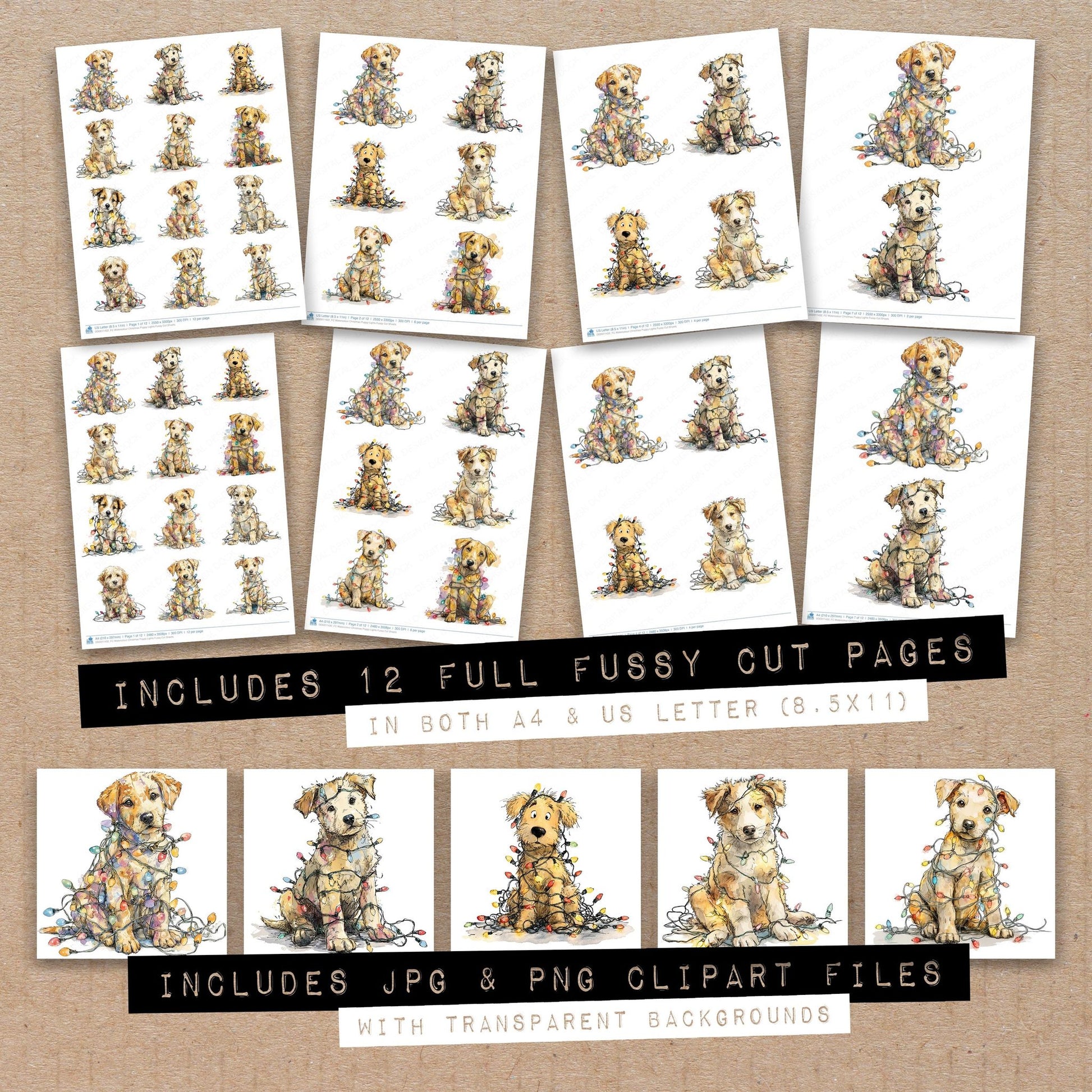 Full collection view of Watercolour Christmas Puppy Lights fussy cut sheets with bonus clipart JPG and PNG files