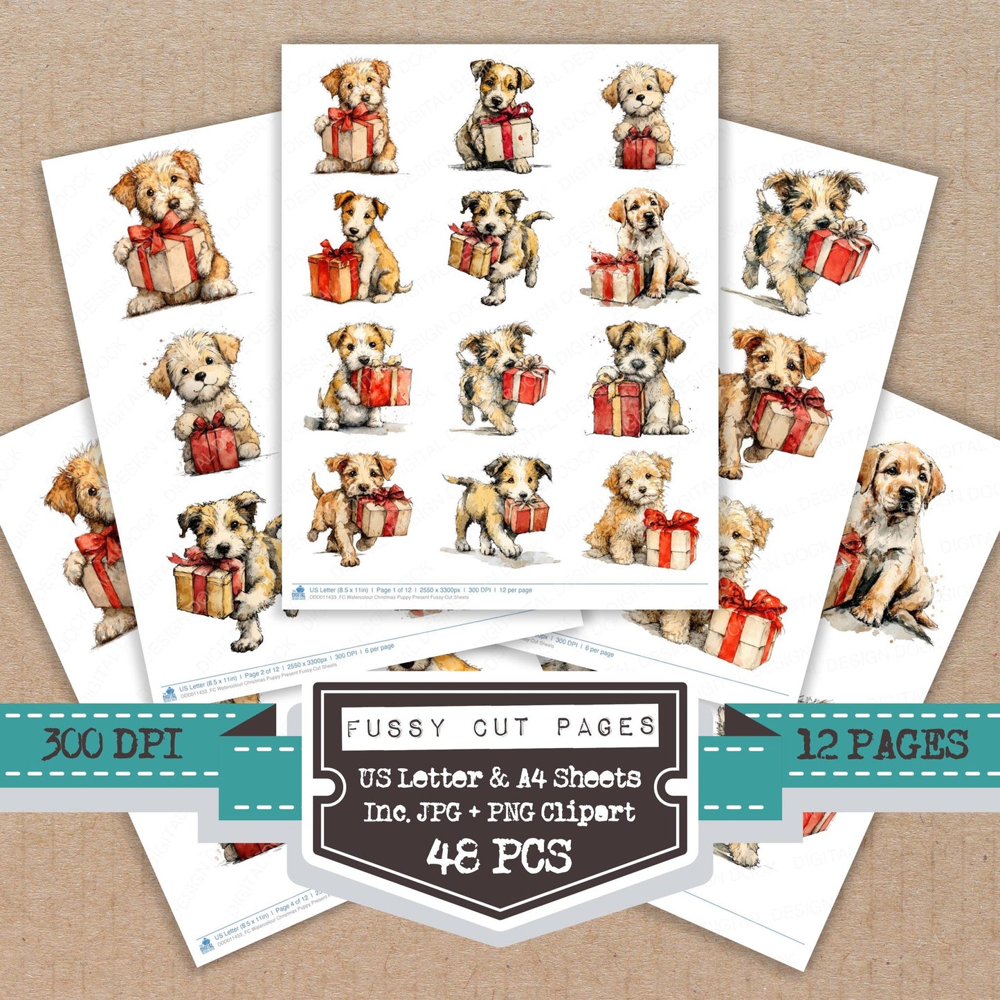 Watercolour Christmas Puppy Present fussy cut printable sheets for junk journaling, scrapbooking, and paper craft projects