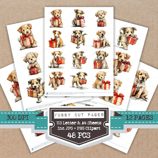Watercolour Christmas Puppy Present fussy cut printable sheets for junk journaling, scrapbooking, and paper craft projects