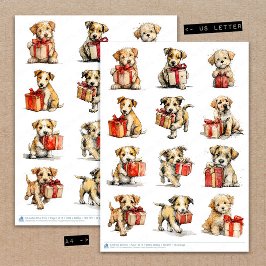 A4 and US Letter format comparison showing Watercolour Christmas Puppy Present fussy cut pages for print and cut crafting