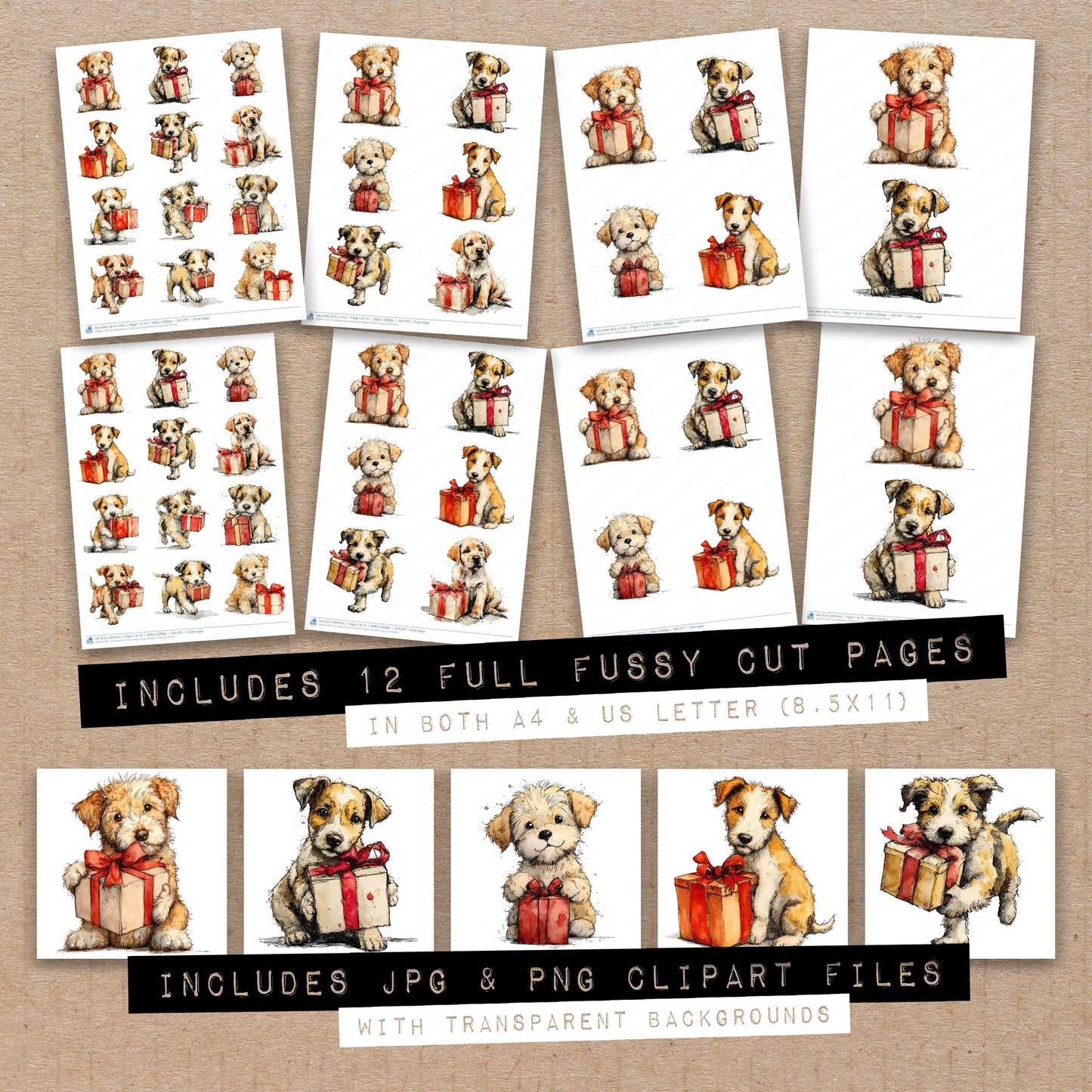 Full collection view of Watercolour Christmas Puppy Present fussy cut sheets with bonus clipart JPG and PNG files