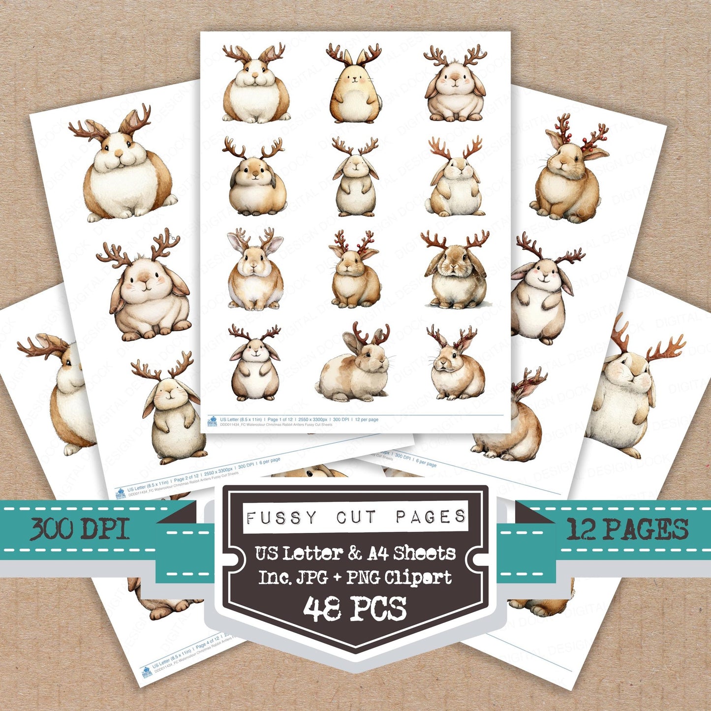 Watercolour Christmas Rabbit Antlers fussy cut printable sheets for junk journaling, scrapbooking, and paper craft projects