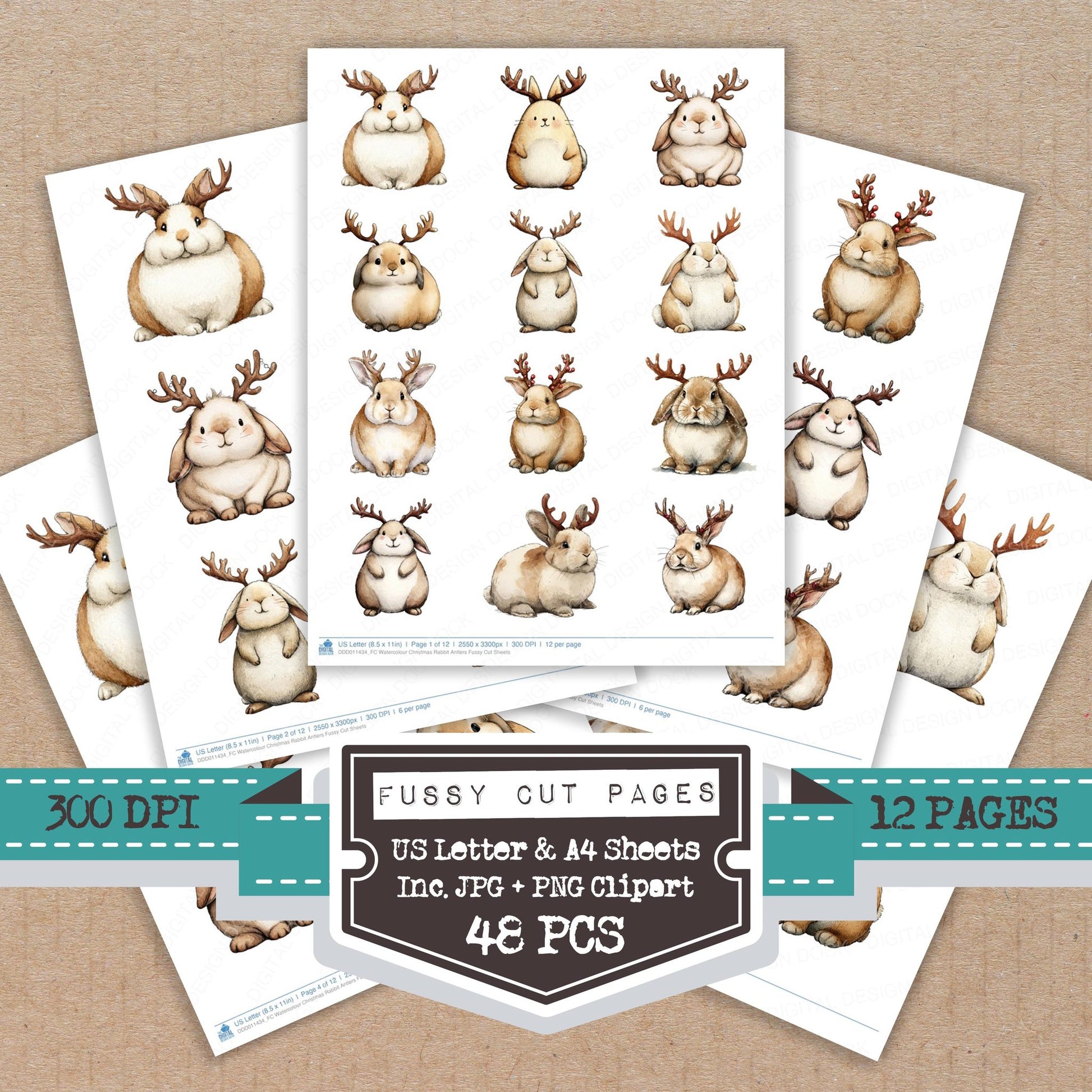 Watercolour Christmas Rabbit Antlers fussy cut printable sheets for junk journaling, scrapbooking, and paper craft projects