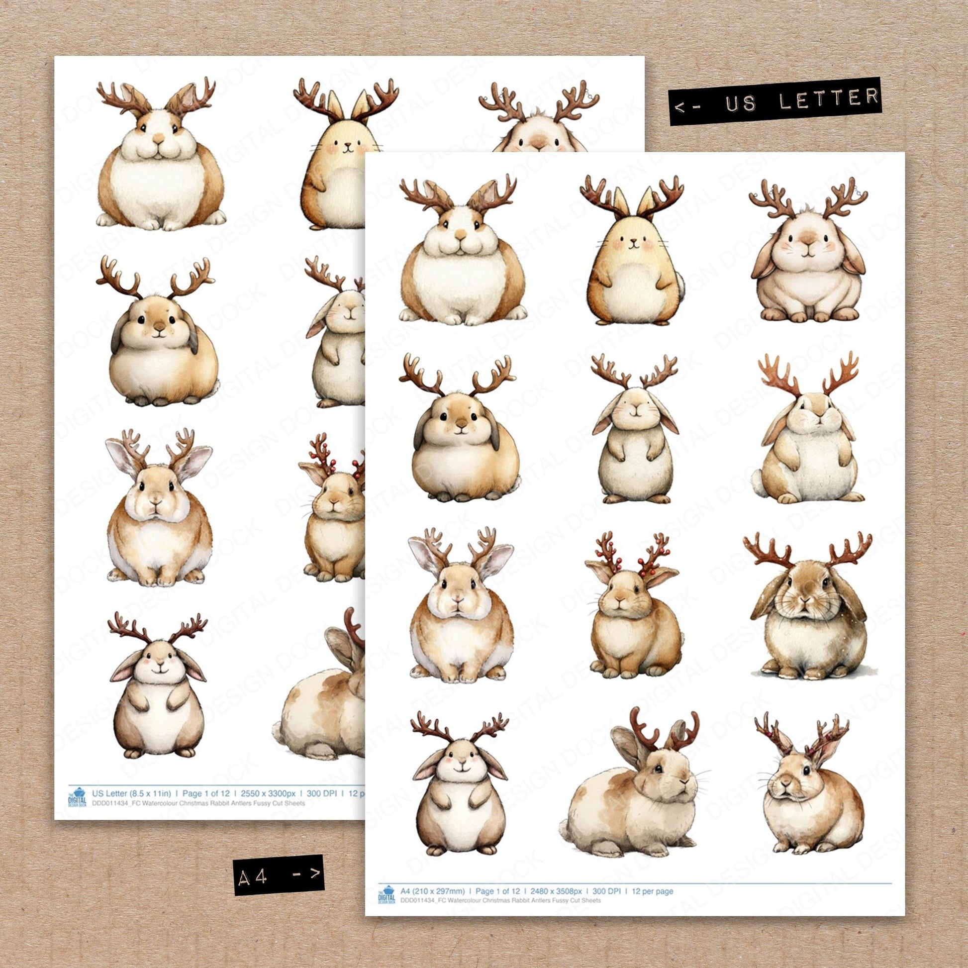 A4 and US Letter format comparison showing Watercolour Christmas Rabbit Antlers fussy cut pages for print and cut crafting