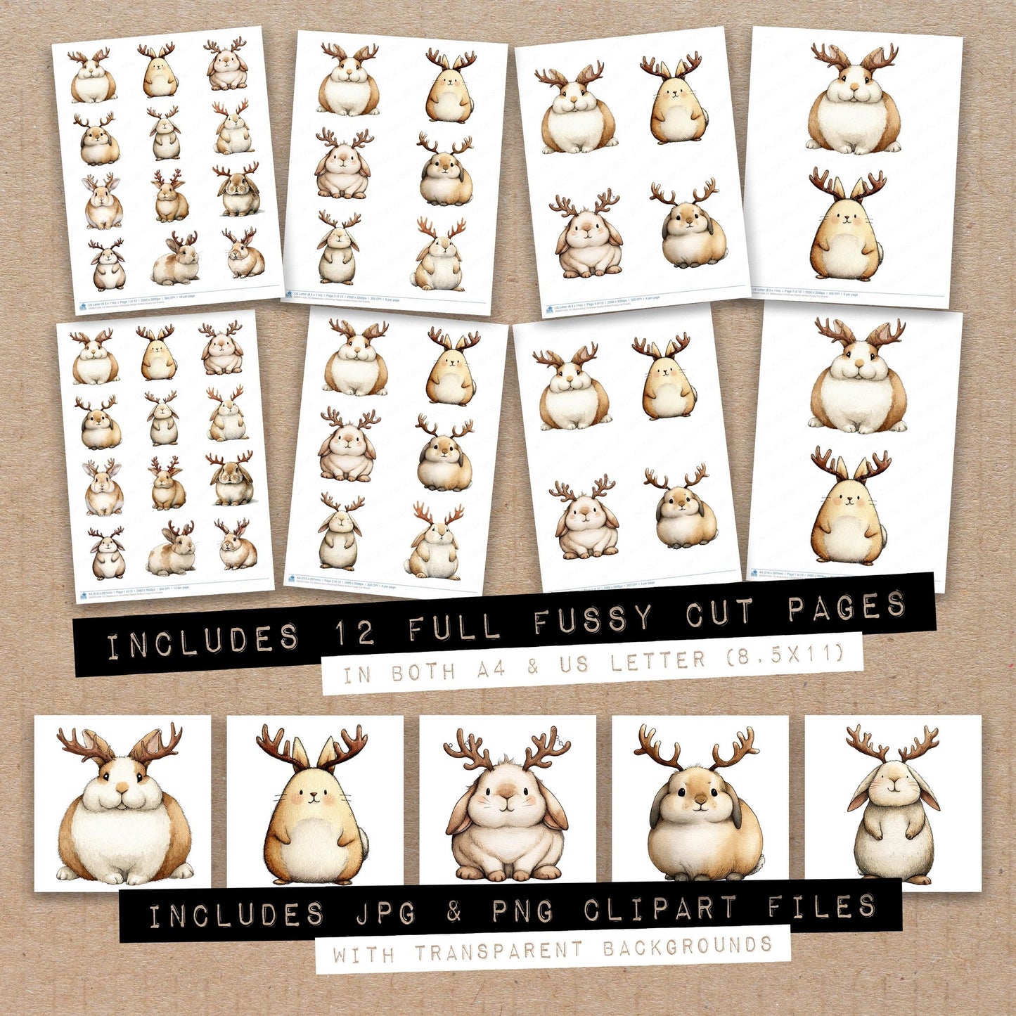 Full collection view of Watercolour Christmas Rabbit Antlers fussy cut sheets with bonus clipart JPG and PNG files