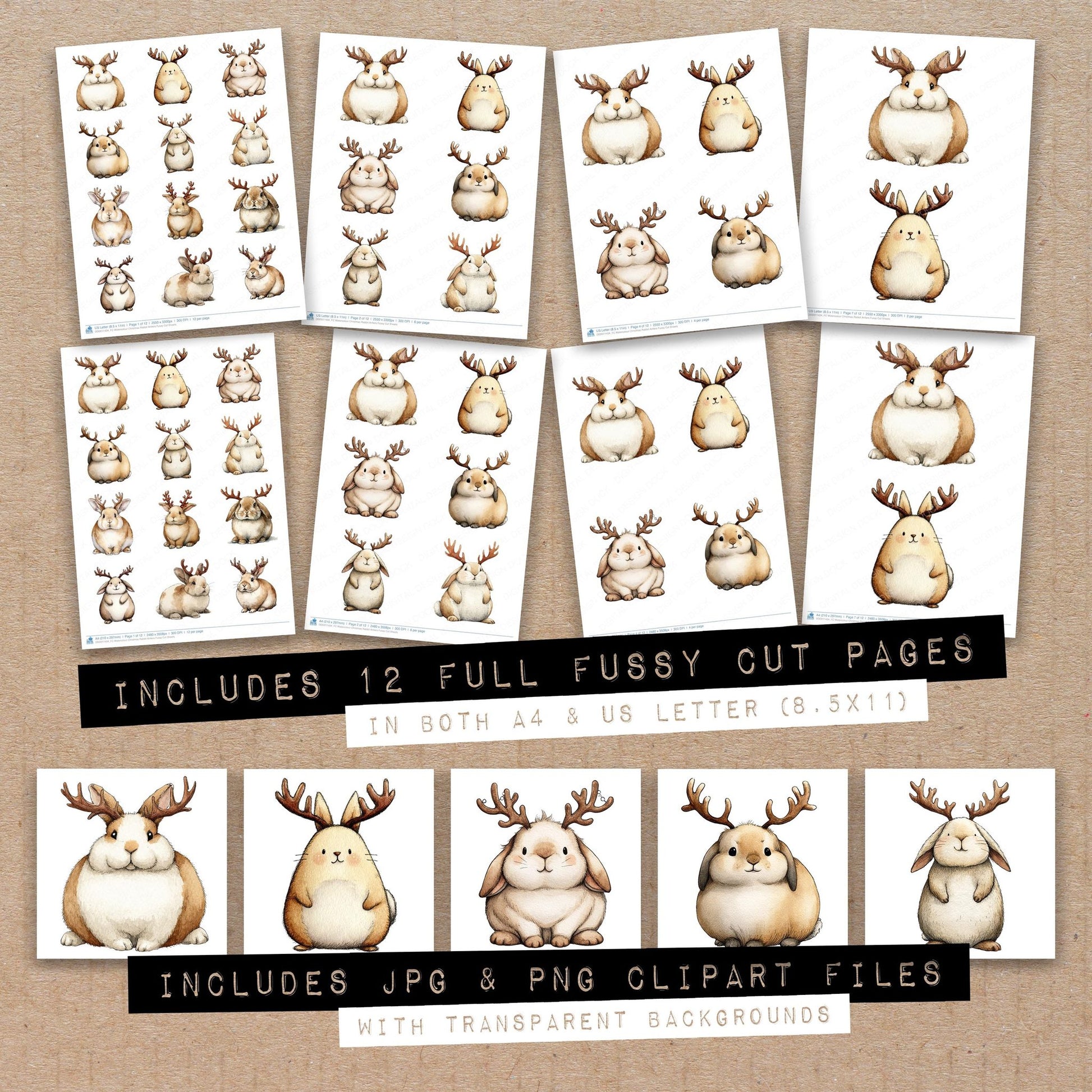 Full collection view of Watercolour Christmas Rabbit Antlers fussy cut sheets with bonus clipart JPG and PNG files