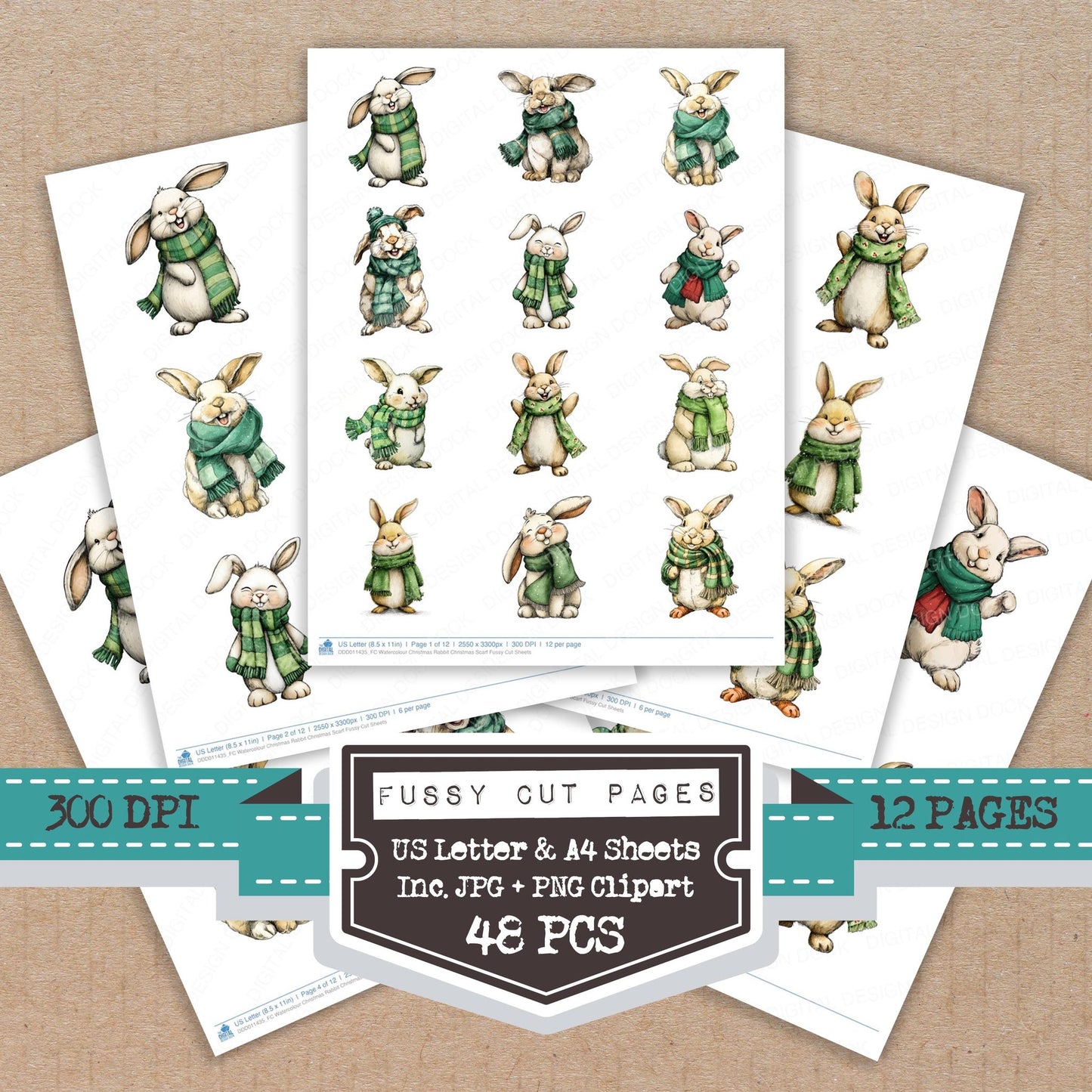 Watercolour Christmas Rabbit Christmas Scarf fussy cut printable sheets for junk journaling, scrapbooking, and paper craft projects