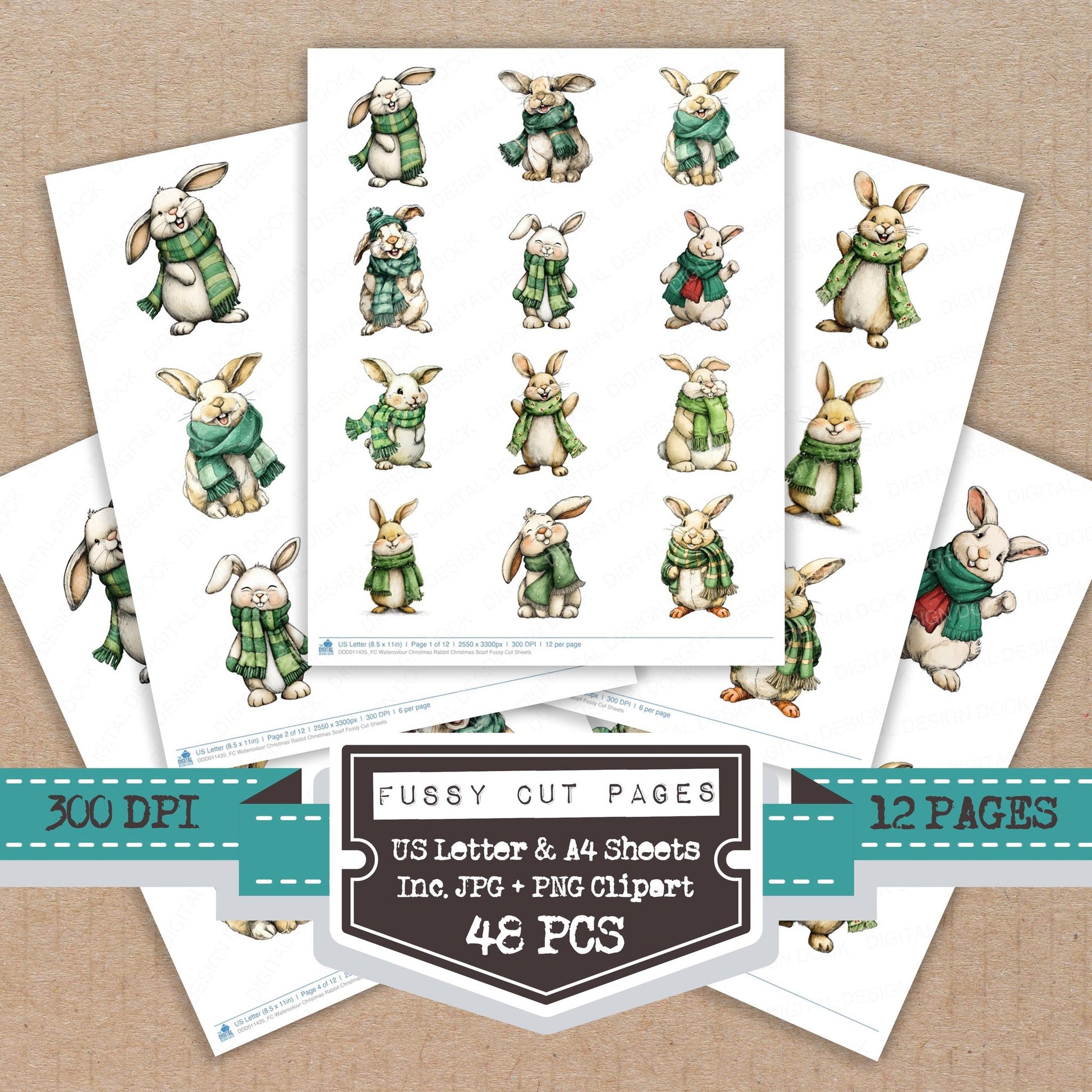 Watercolour Christmas Rabbit Christmas Scarf fussy cut printable sheets for junk journaling, scrapbooking, and paper craft projects