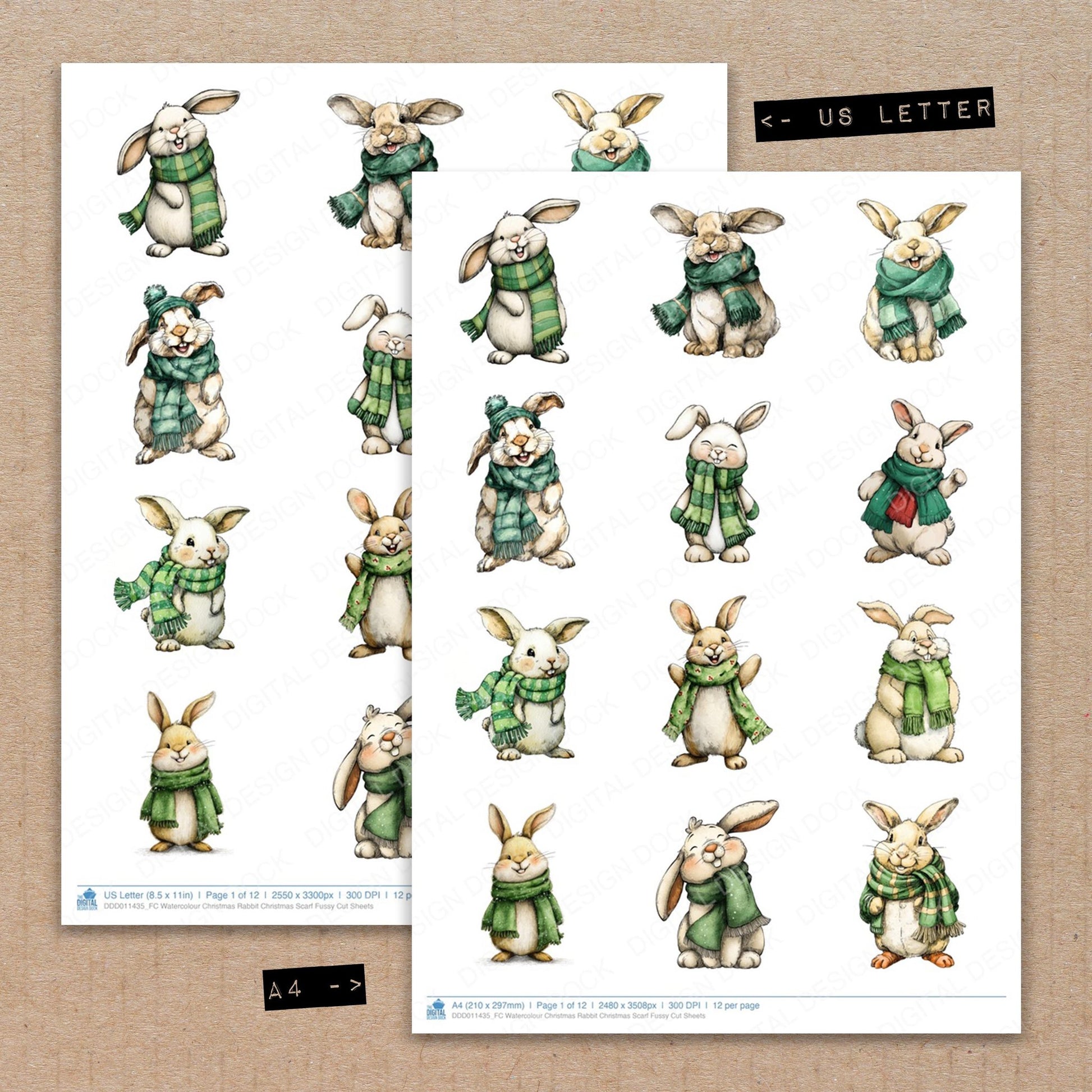A4 and US Letter format comparison showing Watercolour Christmas Rabbit Christmas Scarf fussy cut pages for print and cut crafting