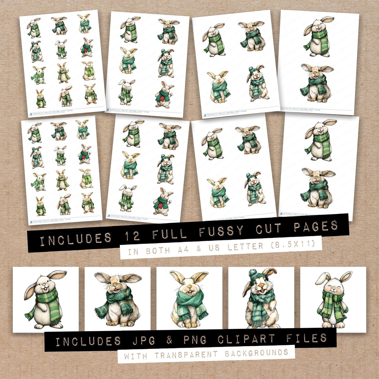 Full collection view of Watercolour Christmas Rabbit Christmas Scarf fussy cut sheets with bonus clipart JPG and PNG files