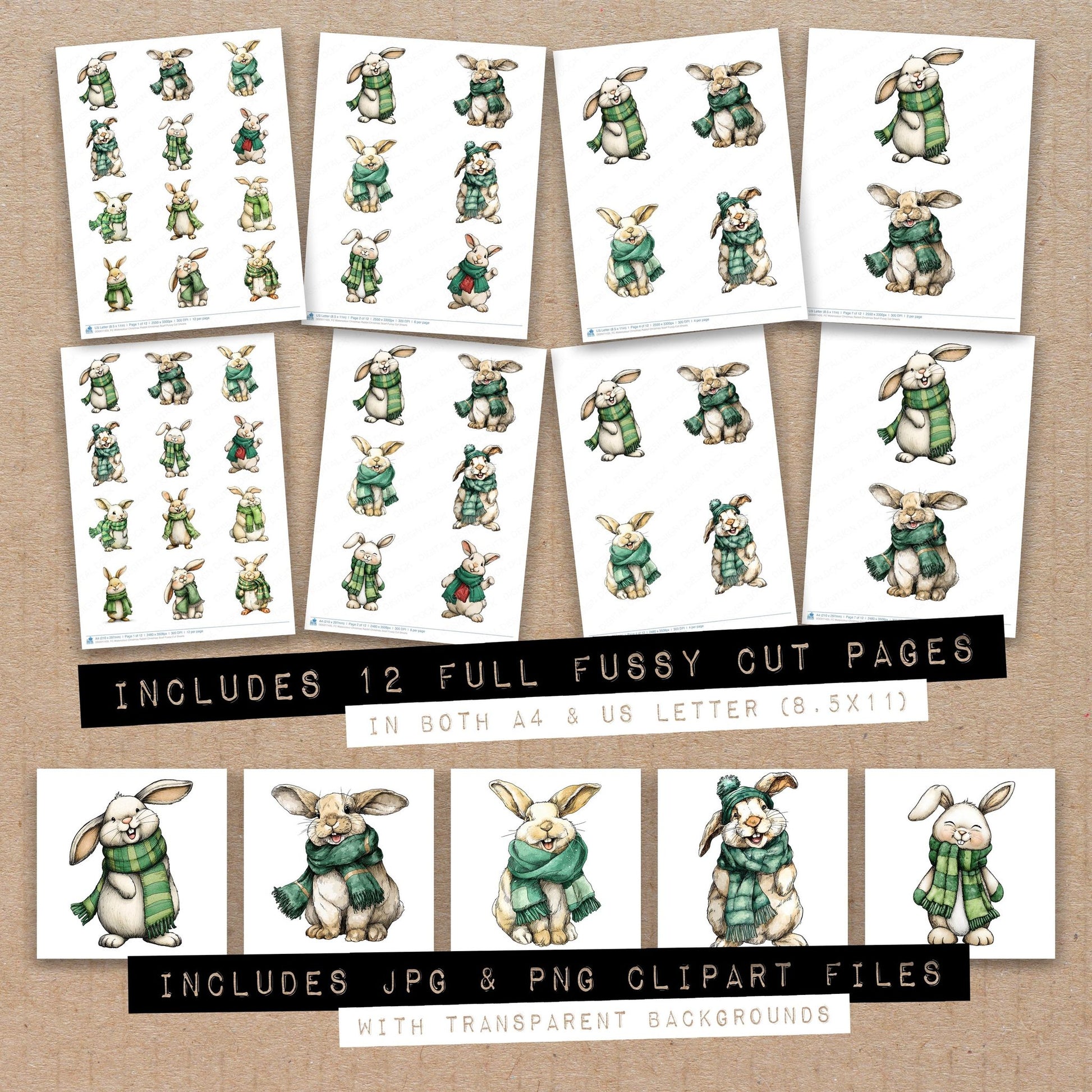 Full collection view of Watercolour Christmas Rabbit Christmas Scarf fussy cut sheets with bonus clipart JPG and PNG files