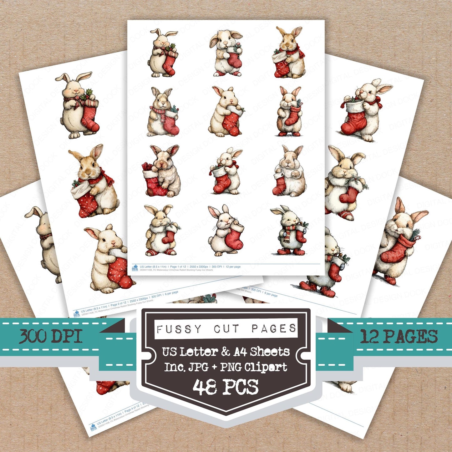 Watercolour Christmas Rabbit Stocking fussy cut printable sheets for junk journaling, scrapbooking, and paper craft projects