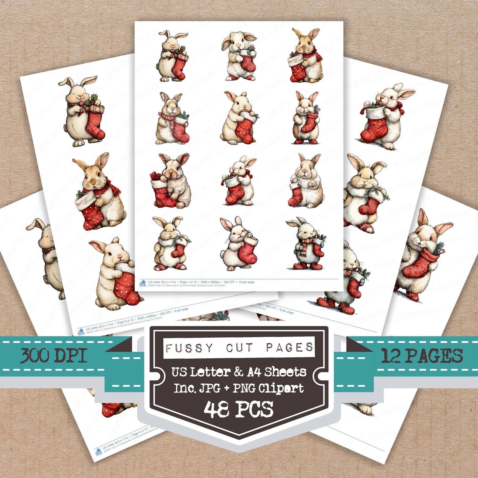 Watercolour Christmas Rabbit Stocking fussy cut printable sheets for junk journaling, scrapbooking, and paper craft projects
