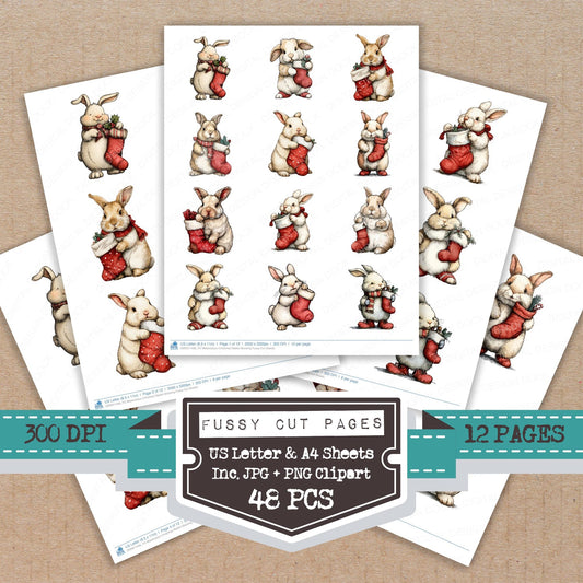 Watercolour Christmas Rabbit Stocking fussy cut printable sheets for junk journaling, scrapbooking, and paper craft projects
