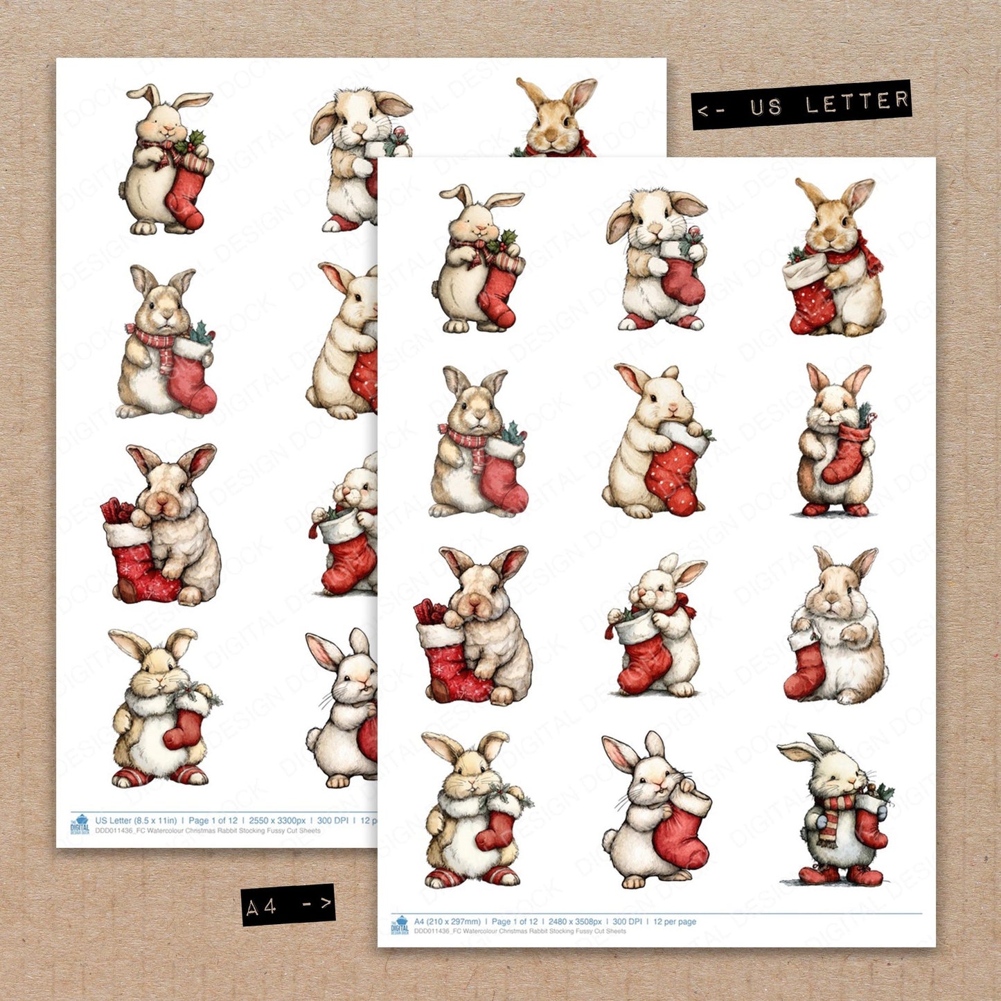 A4 and US Letter format comparison showing Watercolour Christmas Rabbit Stocking fussy cut pages for print and cut crafting