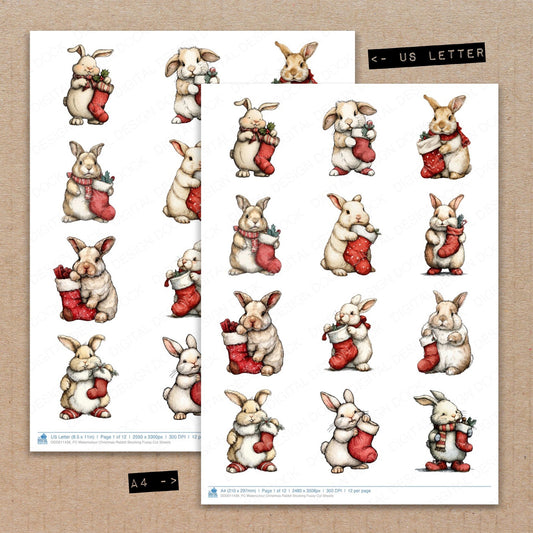 A4 and US Letter format comparison showing Watercolour Christmas Rabbit Stocking fussy cut pages for print and cut crafting