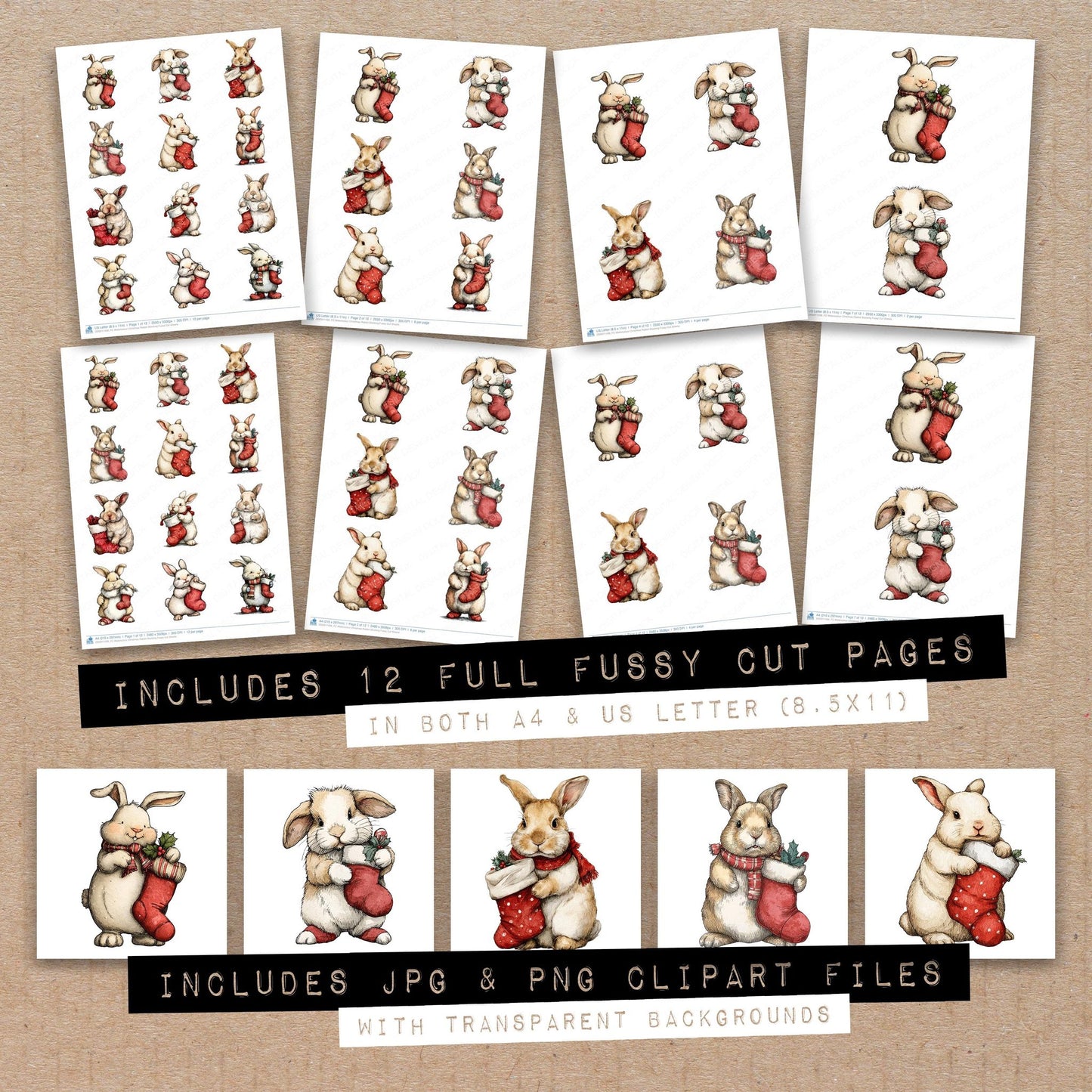 Full collection view of Watercolour Christmas Rabbit Stocking fussy cut sheets with bonus clipart JPG and PNG files