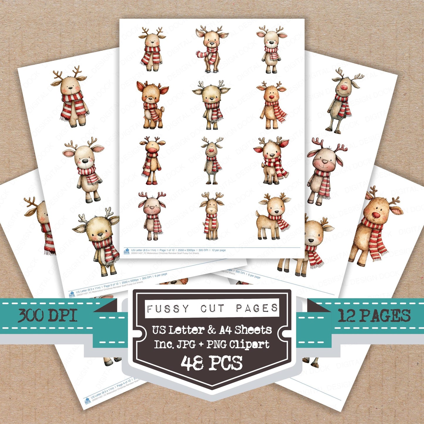 Watercolour Christmas Reindeer Scarf fussy cut printable sheets for junk journaling, scrapbooking, and paper craft projects