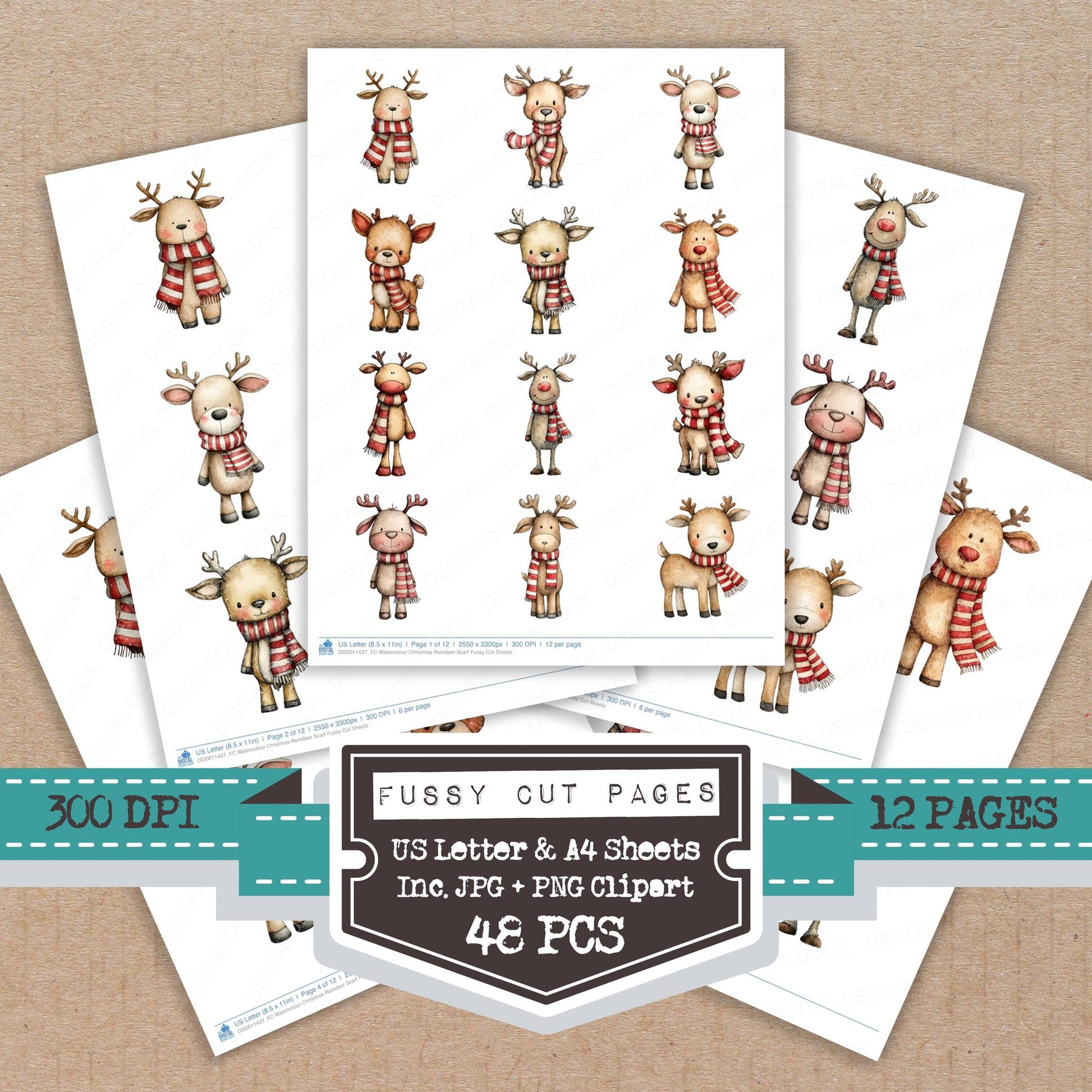 Watercolour Christmas Reindeer Scarf fussy cut printable sheets for junk journaling, scrapbooking, and paper craft projects