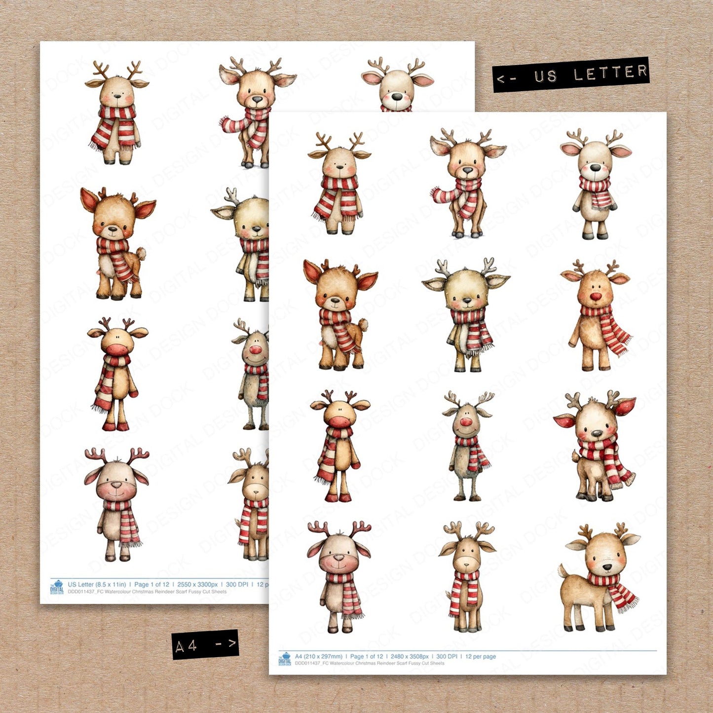 A4 and US Letter format comparison showing Watercolour Christmas Reindeer Scarf fussy cut pages for print and cut crafting