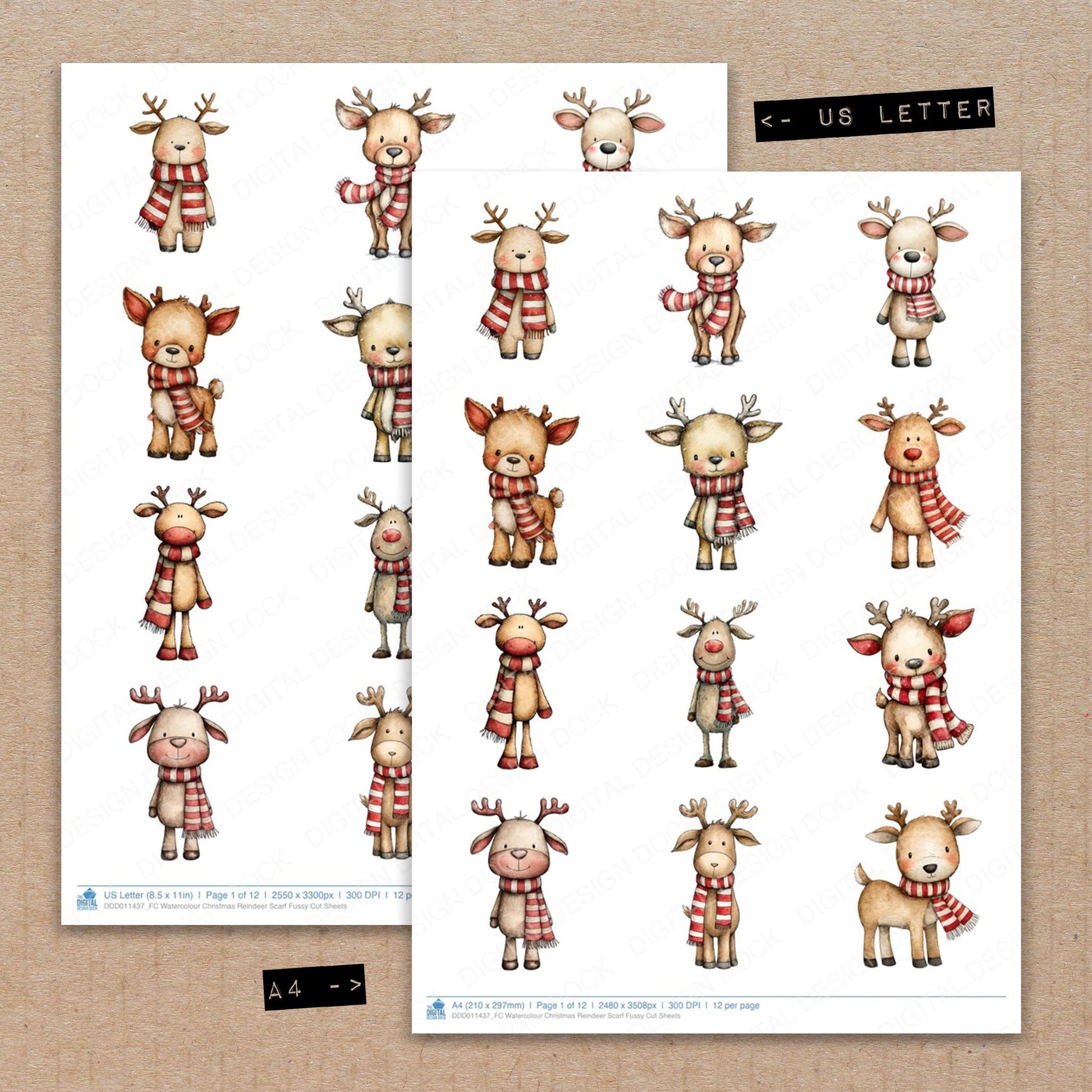 A4 and US Letter format comparison showing Watercolour Christmas Reindeer Scarf fussy cut pages for print and cut crafting