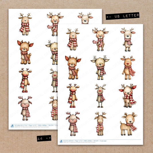 A4 and US Letter format comparison showing Watercolour Christmas Reindeer Scarf fussy cut pages for print and cut crafting