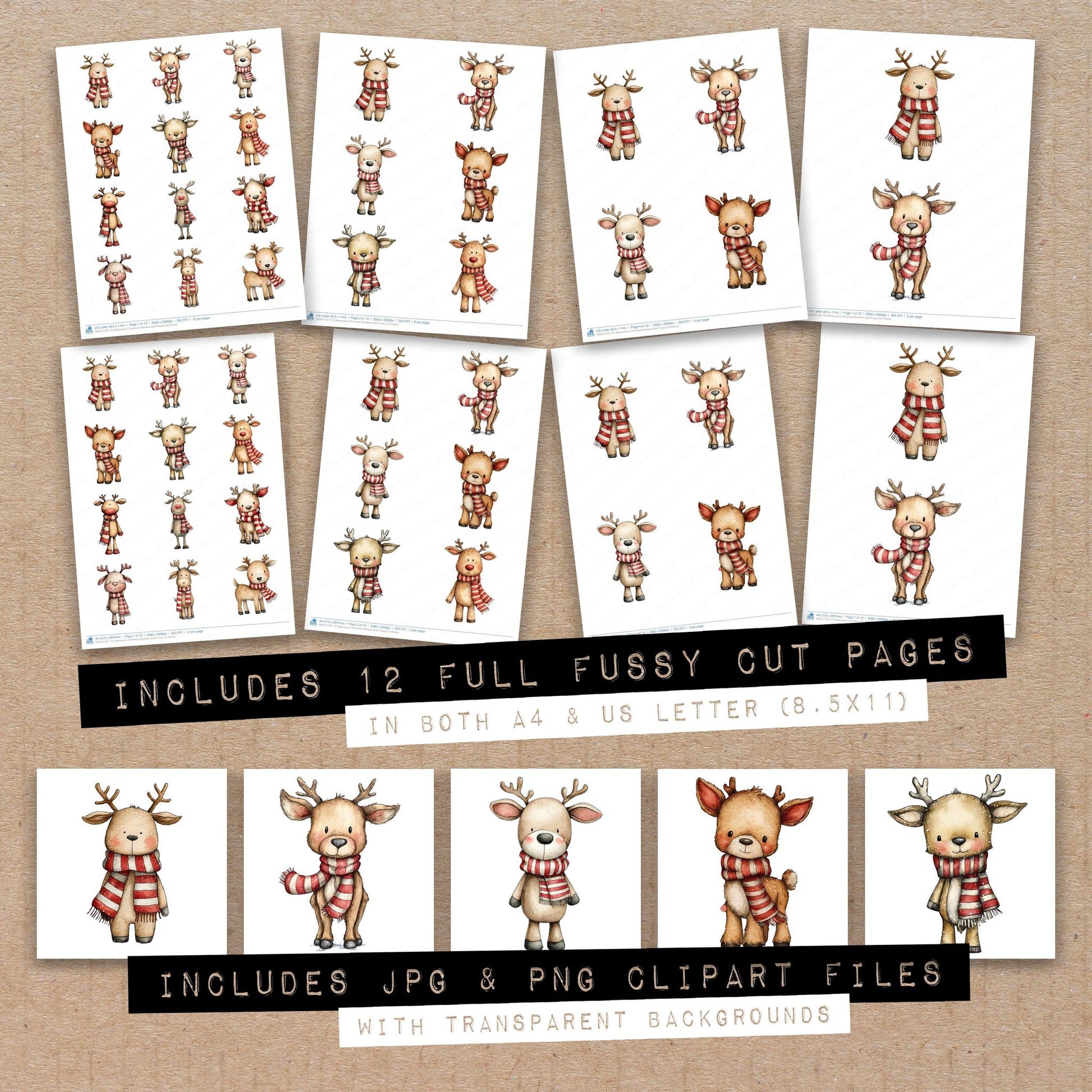 Full collection view of Watercolour Christmas Reindeer Scarf fussy cut sheets with bonus clipart JPG and PNG files