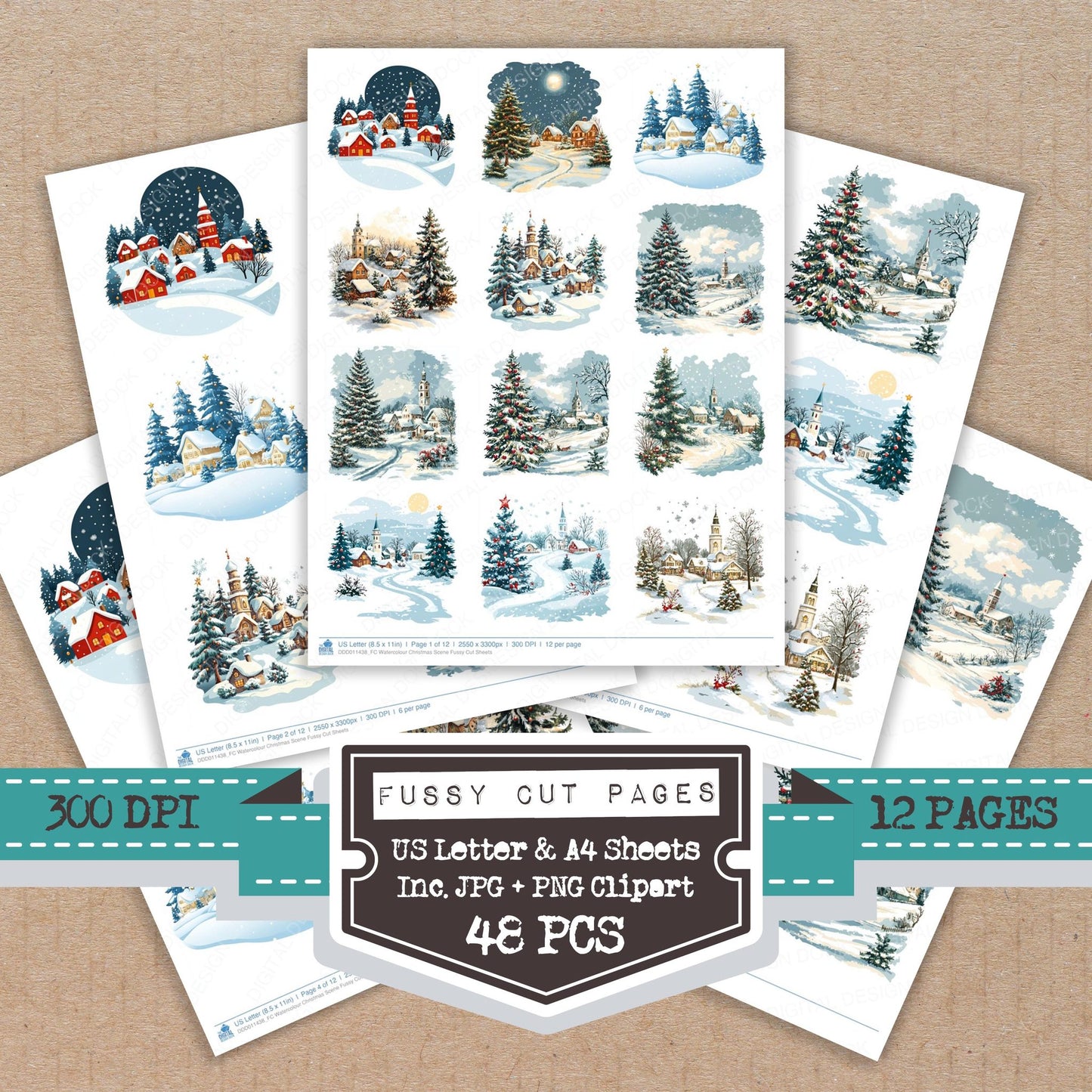 Watercolour Christmas Scene fussy cut printable sheets for junk journaling, scrapbooking, and paper craft projects