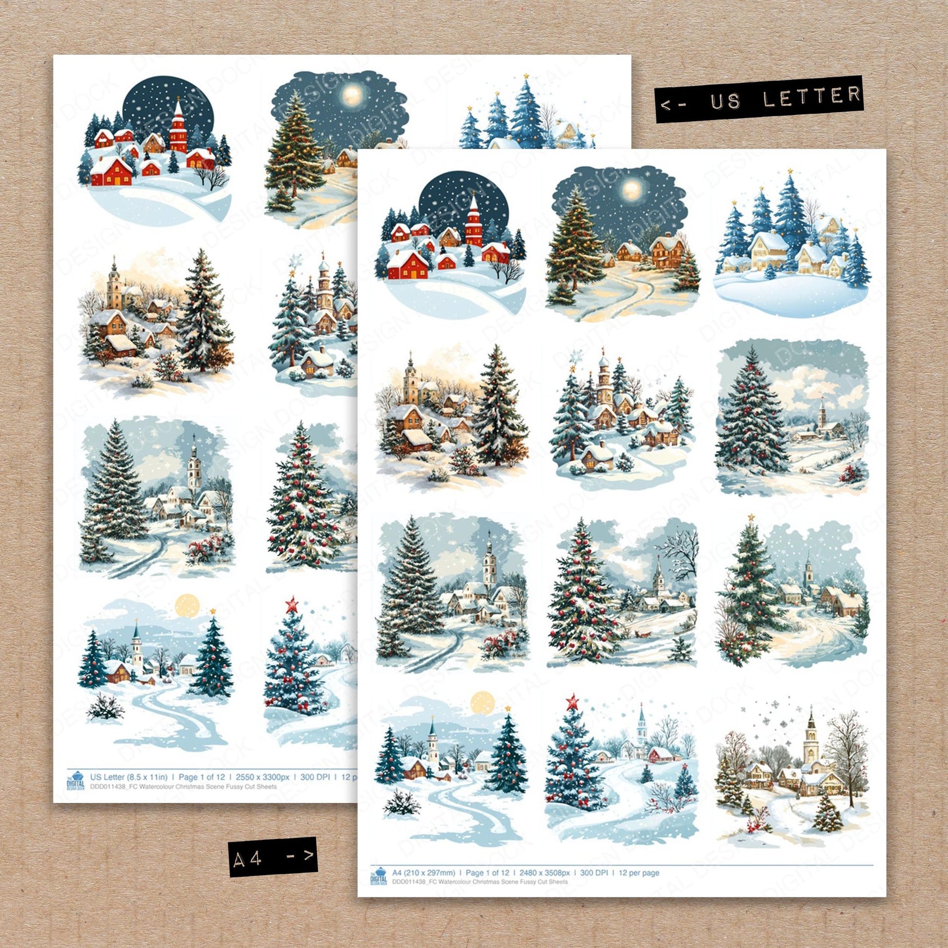 A4 and US Letter format comparison showing Watercolour Christmas Scene fussy cut pages for print and cut crafting
