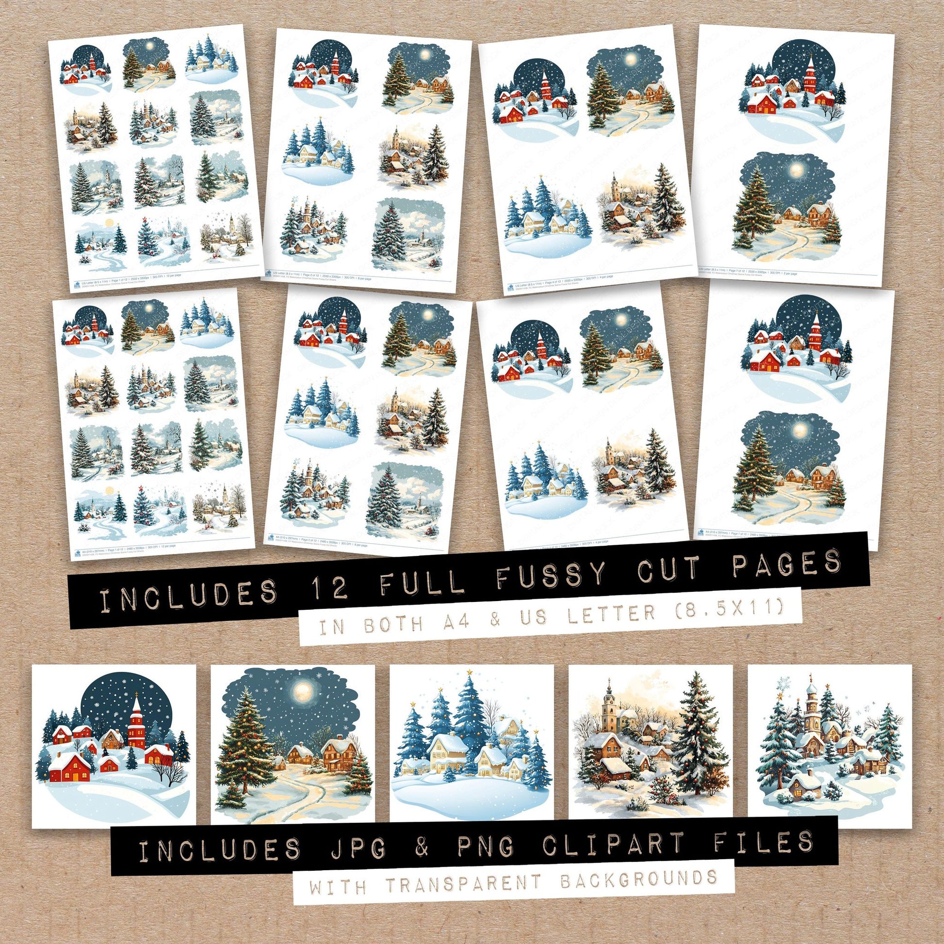 Full collection view of Watercolour Christmas Scene fussy cut sheets with bonus clipart JPG and PNG files