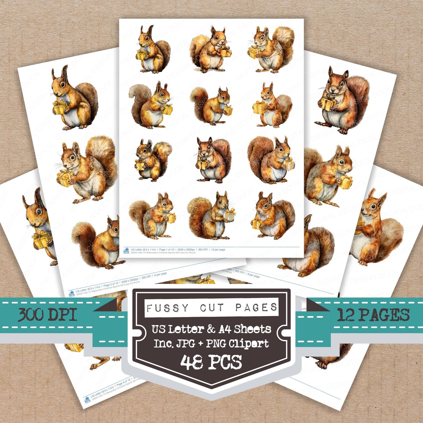 Watercolour Christmas Squirrel Gift fussy cut printable sheets for junk journaling, scrapbooking, and paper craft projects