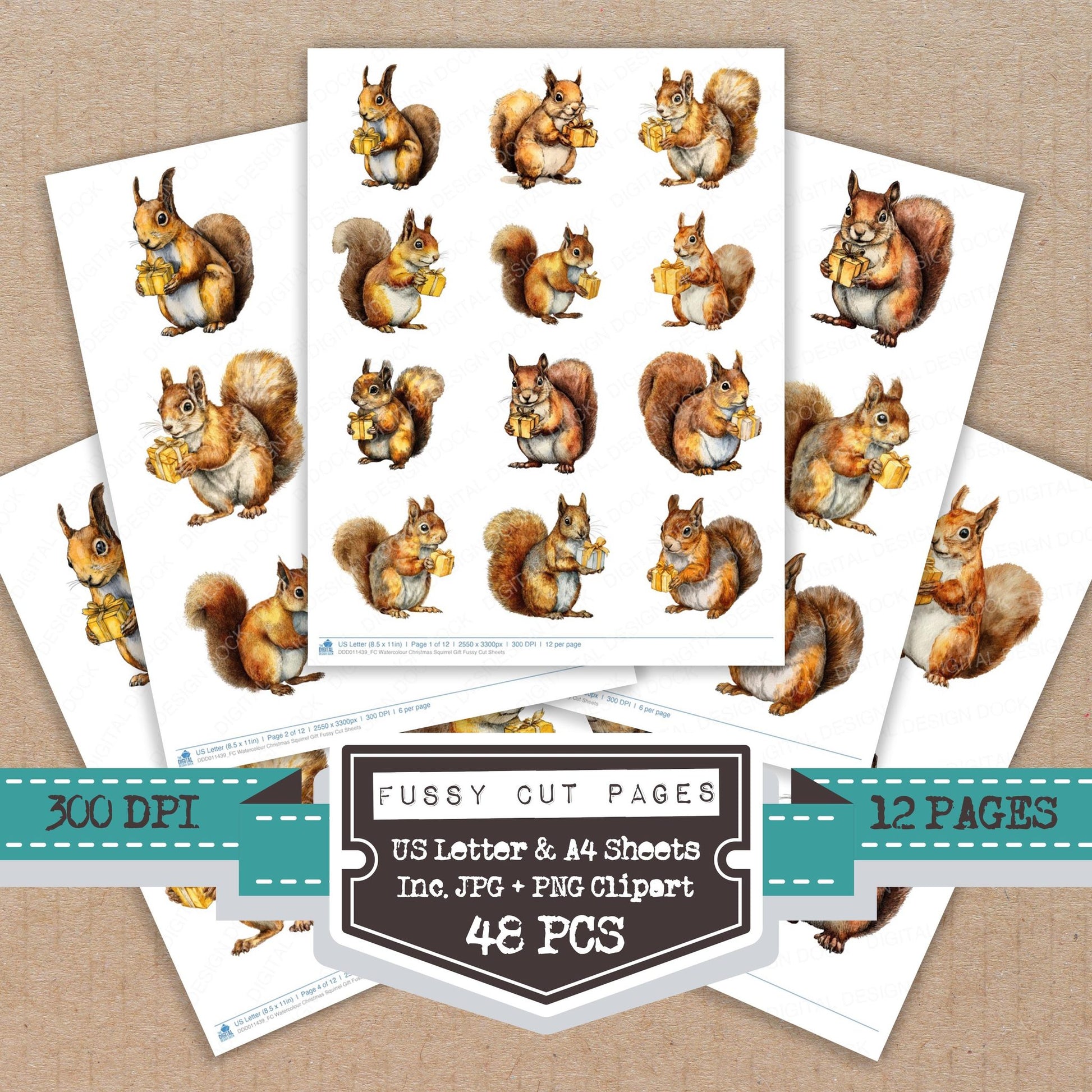Watercolour Christmas Squirrel Gift fussy cut printable sheets for junk journaling, scrapbooking, and paper craft projects