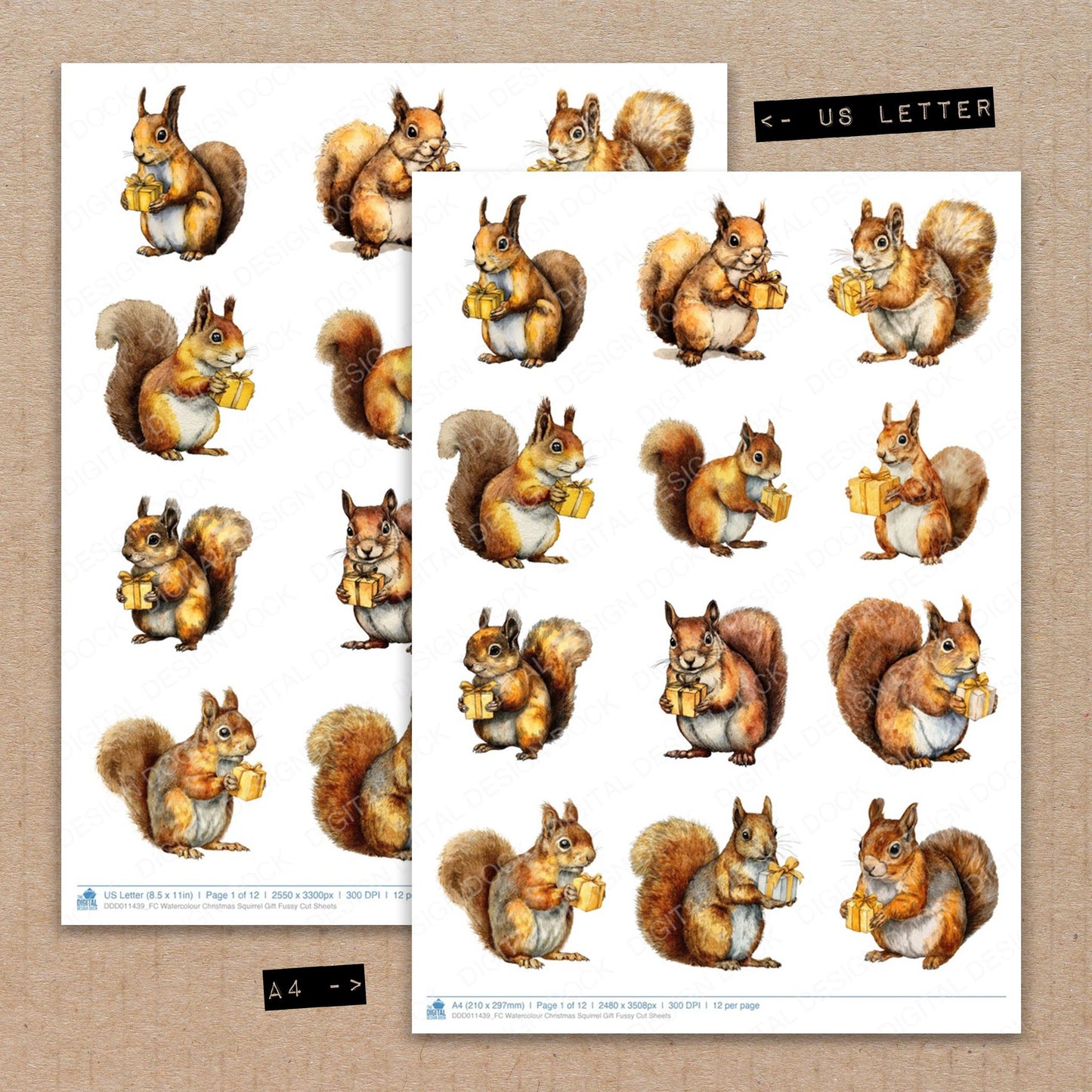 A4 and US Letter format comparison showing Watercolour Christmas Squirrel Gift fussy cut pages for print and cut crafting