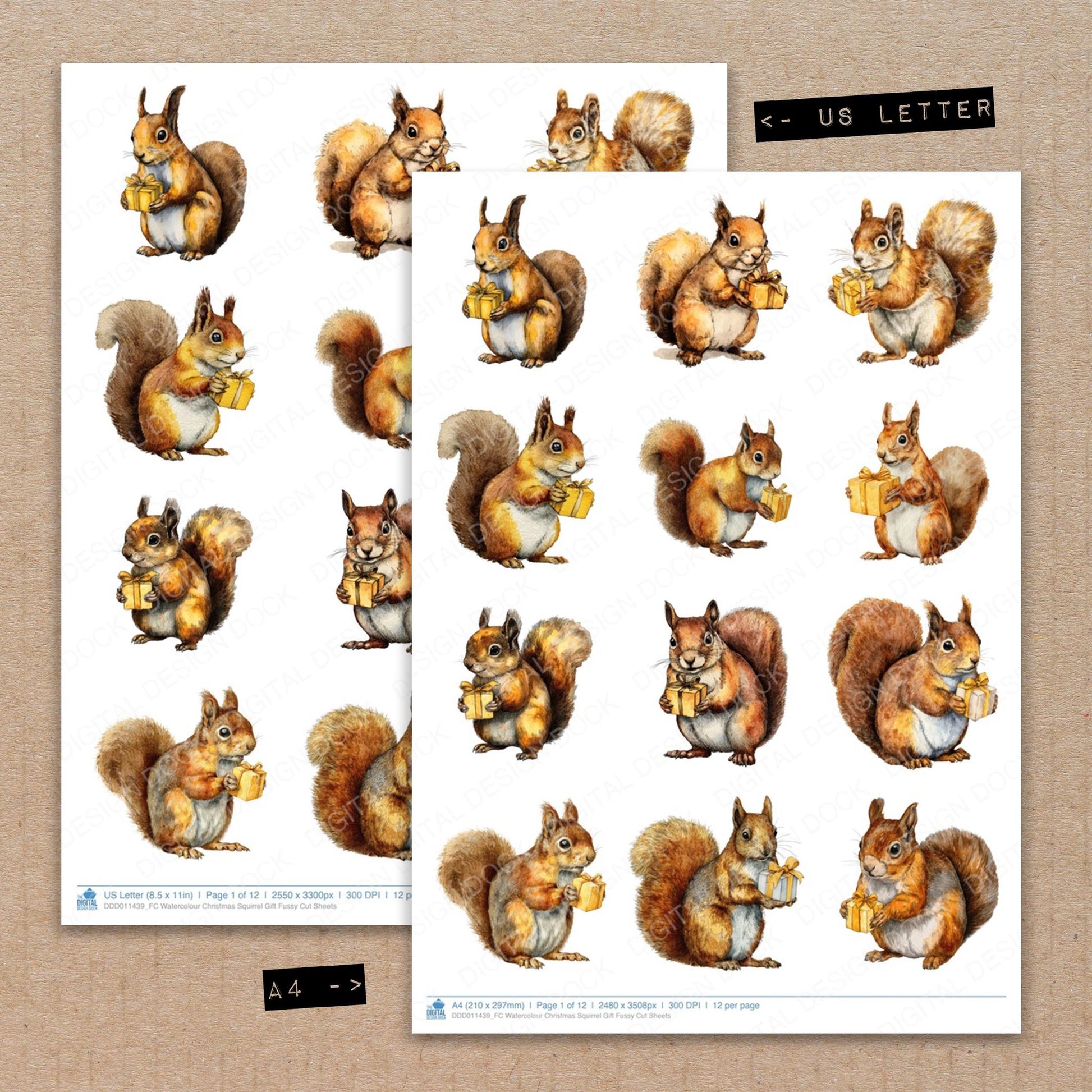 A4 and US Letter format comparison showing Watercolour Christmas Squirrel Gift fussy cut pages for print and cut crafting