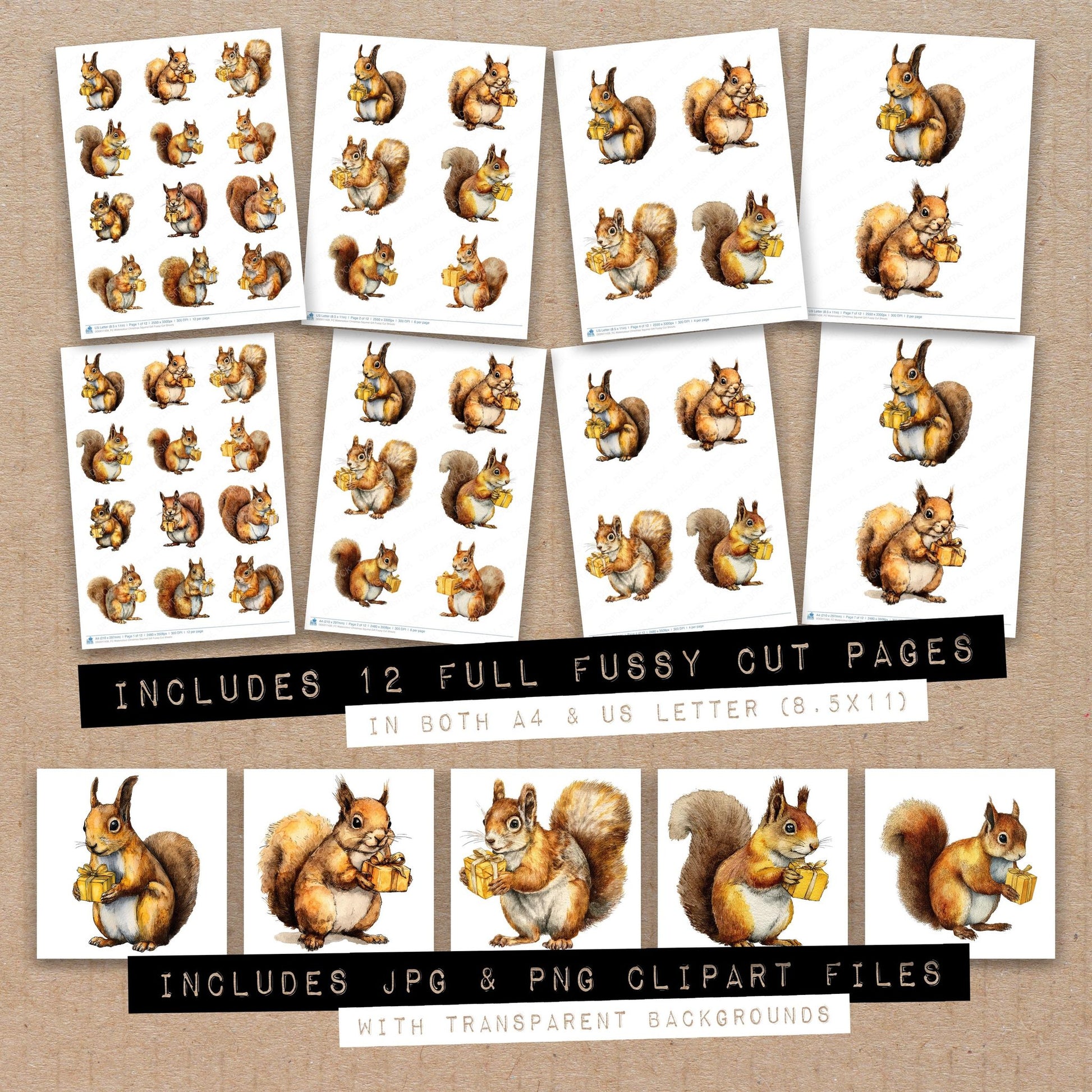 Full collection view of Watercolour Christmas Squirrel Gift fussy cut sheets with bonus clipart JPG and PNG files