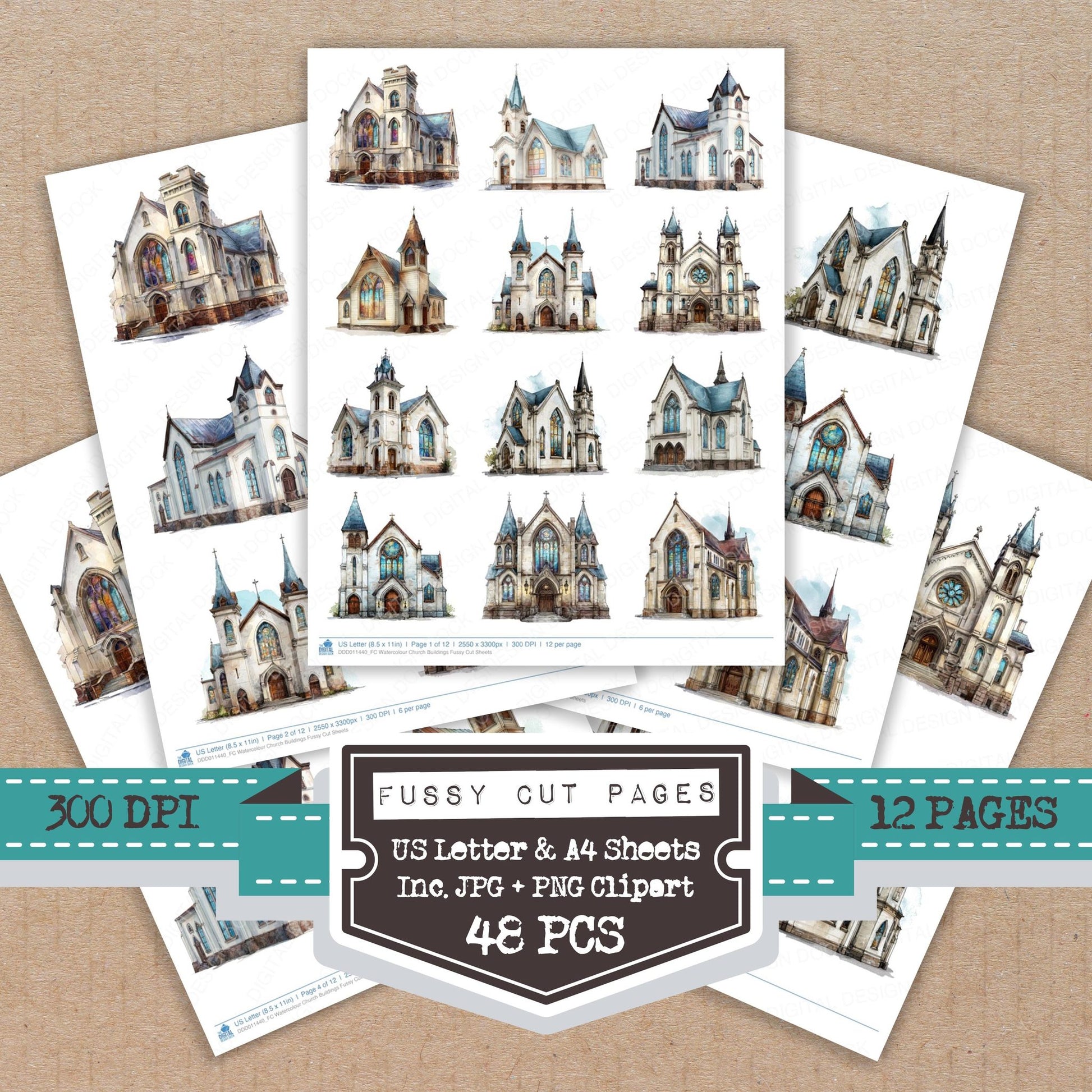 Watercolour Church Buildings fussy cut printable sheets for junk journaling, scrapbooking, and paper craft projects