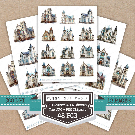 Watercolour Church Buildings fussy cut printable sheets for junk journaling, scrapbooking, and paper craft projects