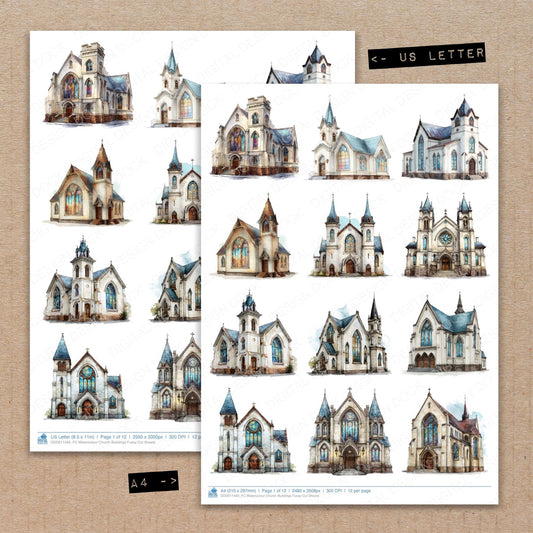A4 and US Letter format comparison showing Watercolour Church Buildings fussy cut pages for print and cut crafting