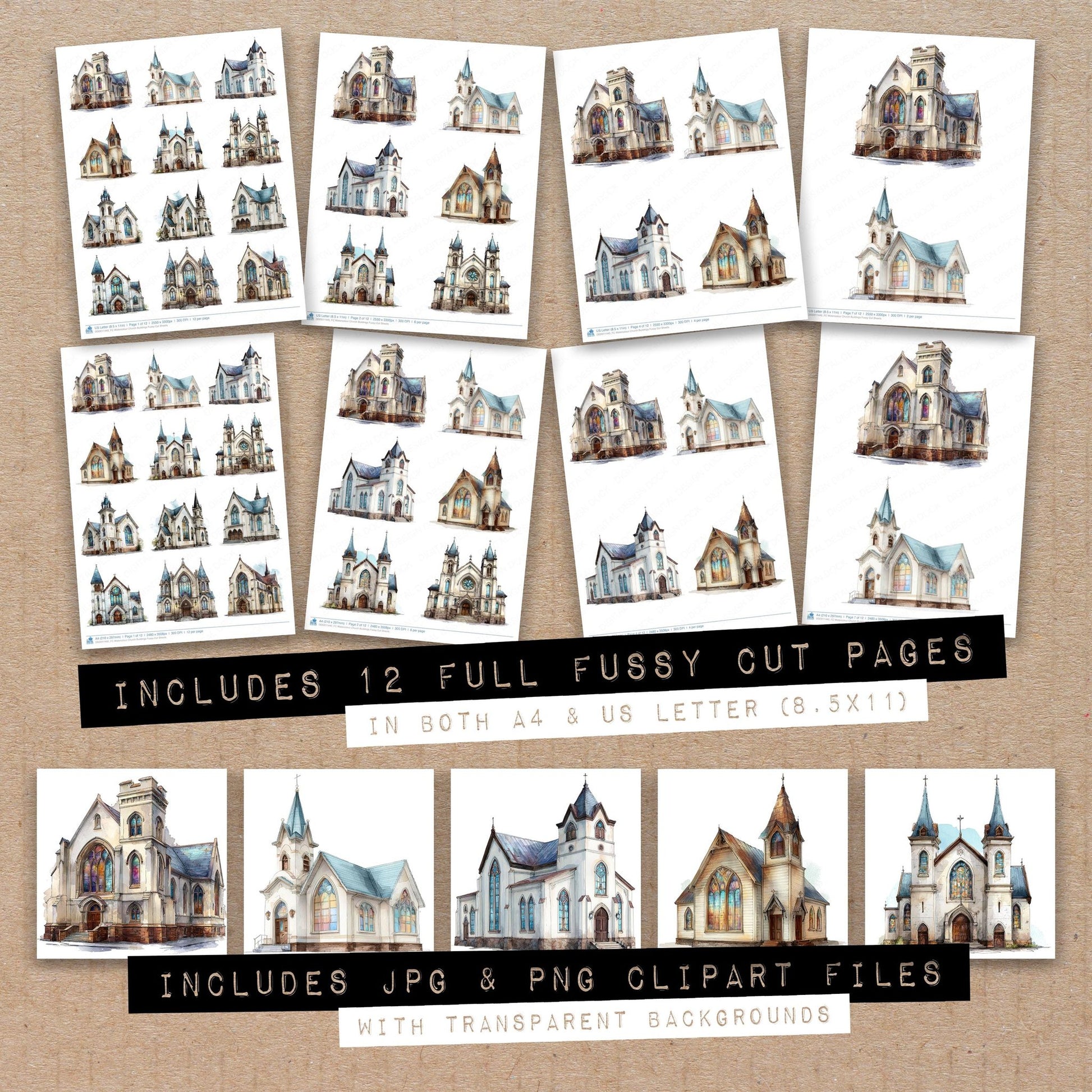 Full collection view of Watercolour Church Buildings fussy cut sheets with bonus clipart JPG and PNG files