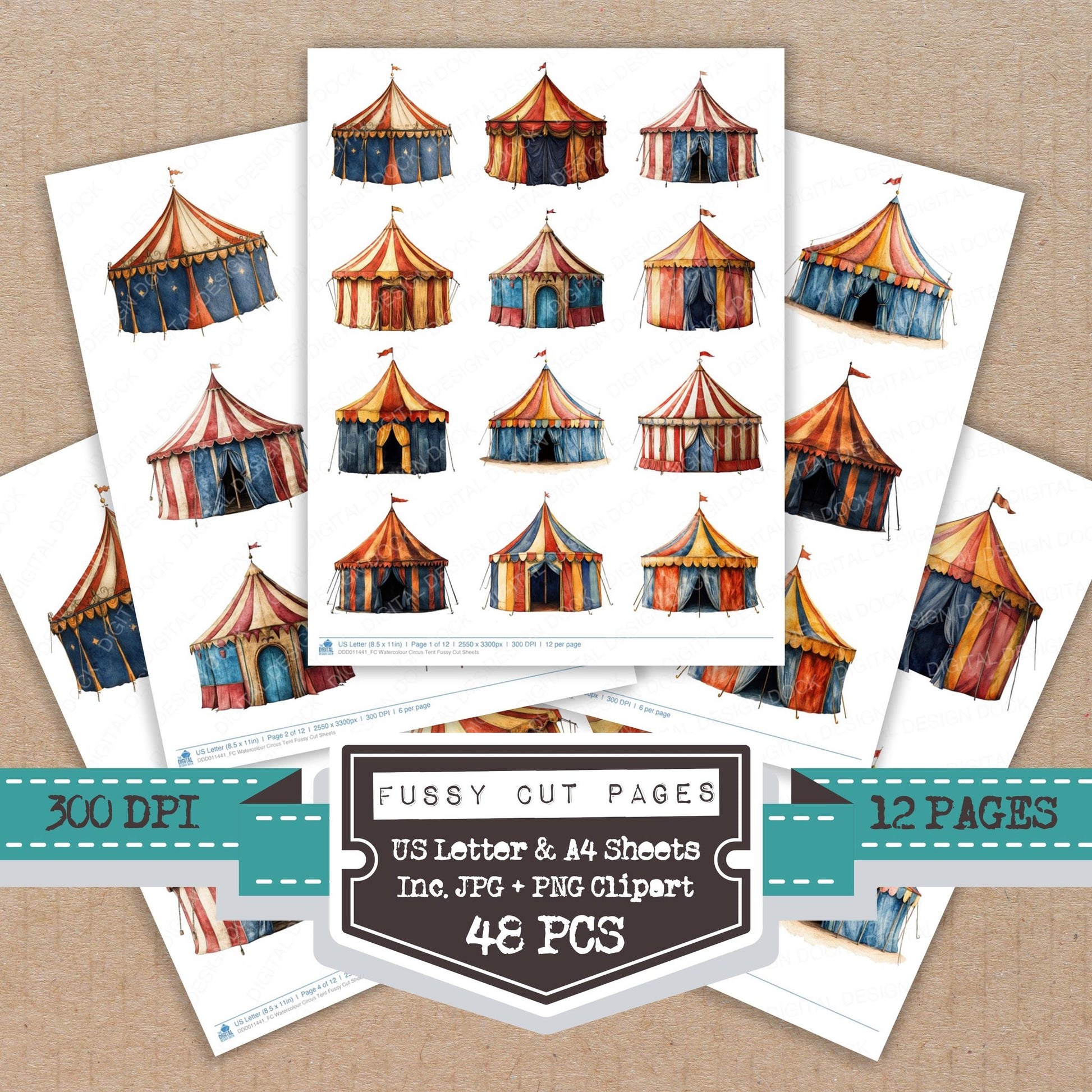 Watercolour Circus Tent fussy cut printable sheets for junk journaling, scrapbooking, and paper craft projects